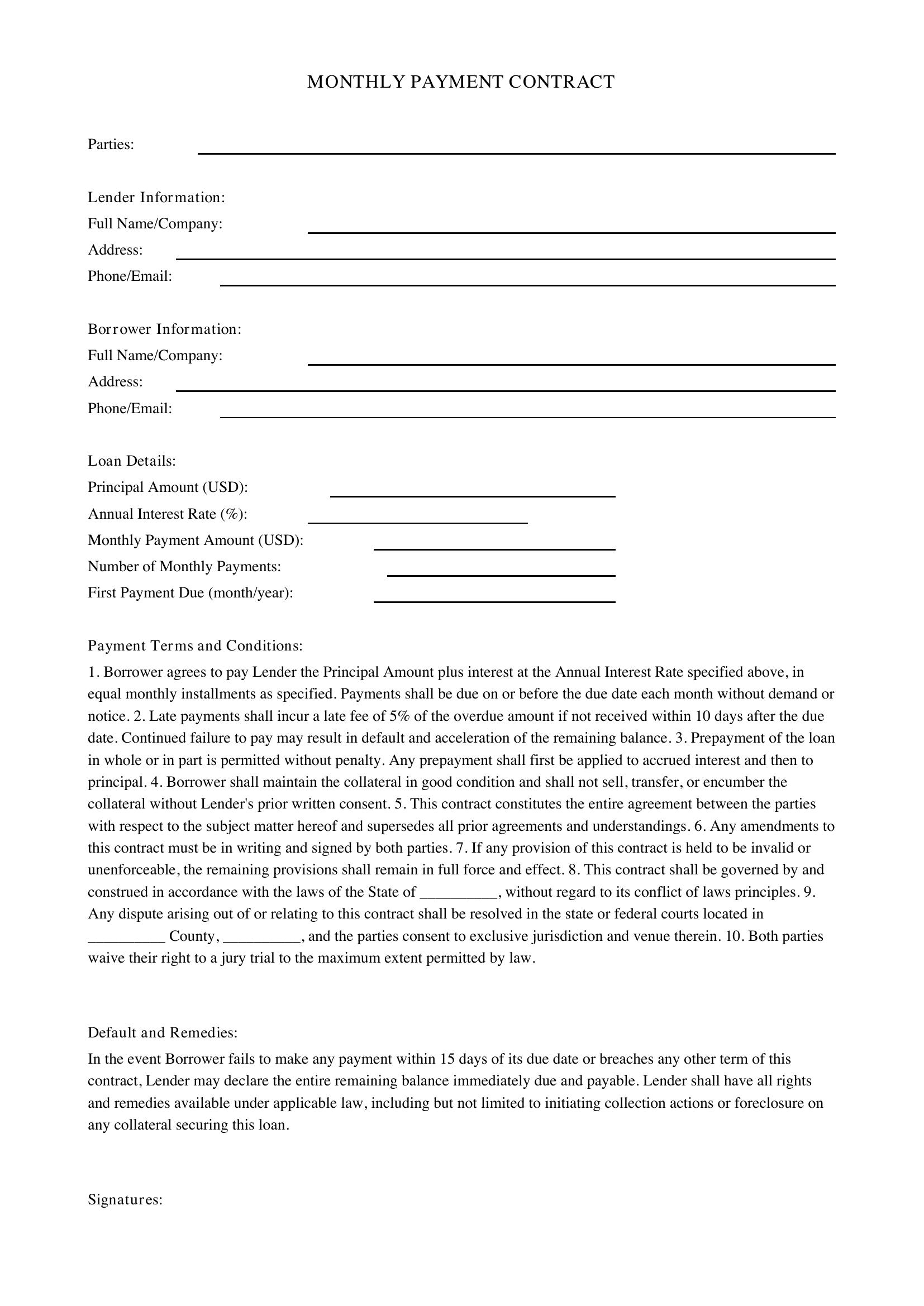 Monthly Payment Contract Template - US