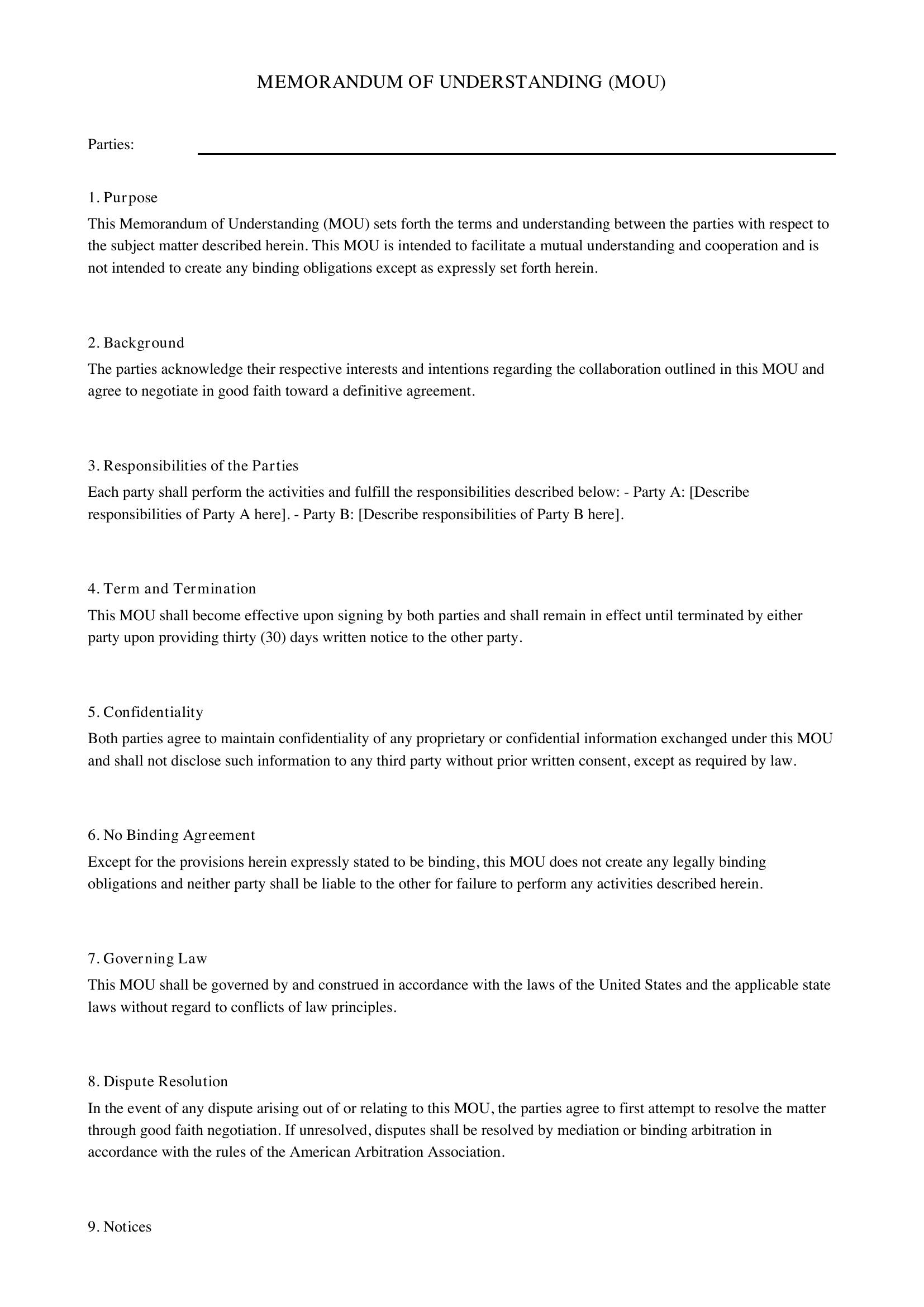 Mou Contract Template - US