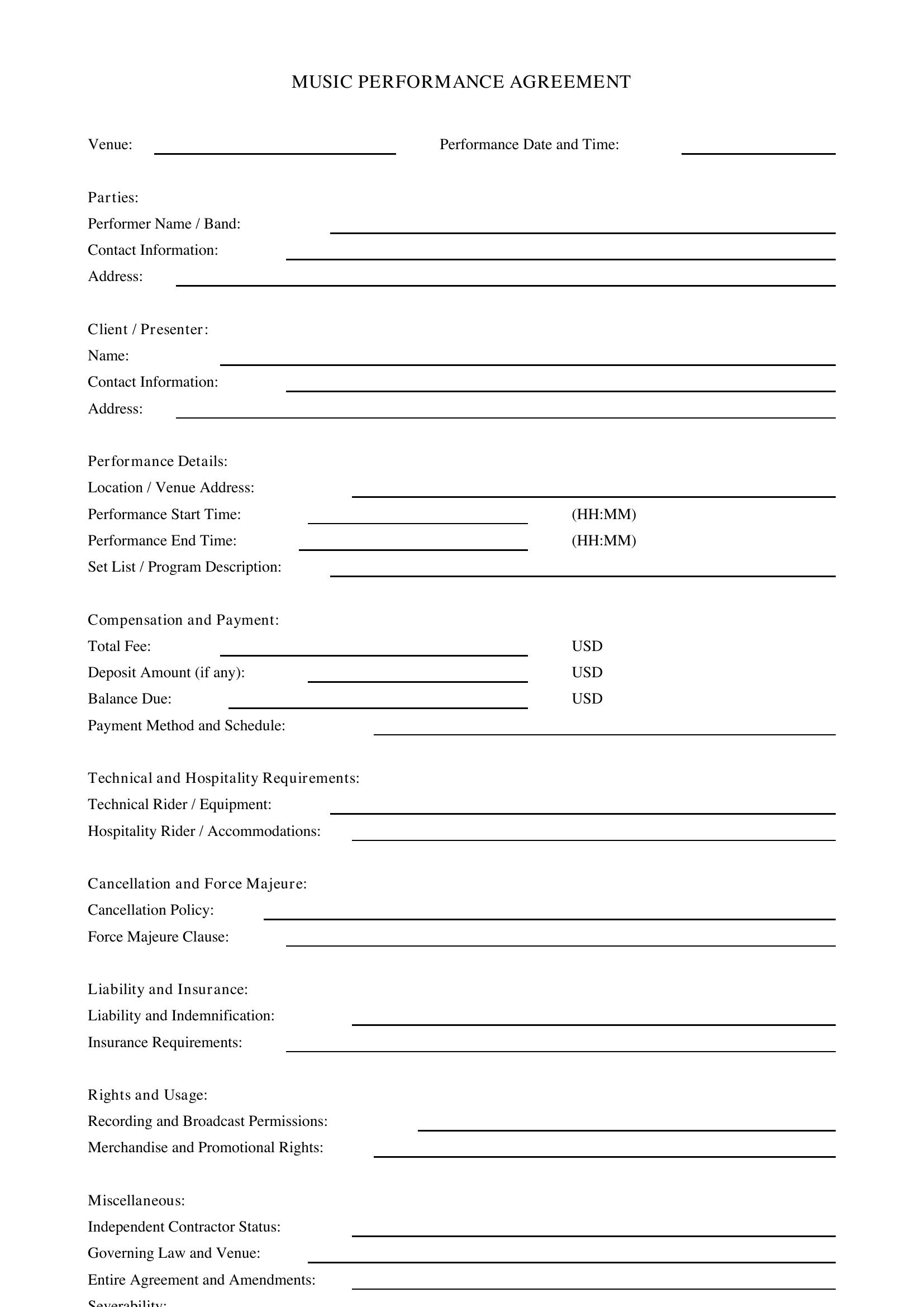 Music Performance Contract Template - US