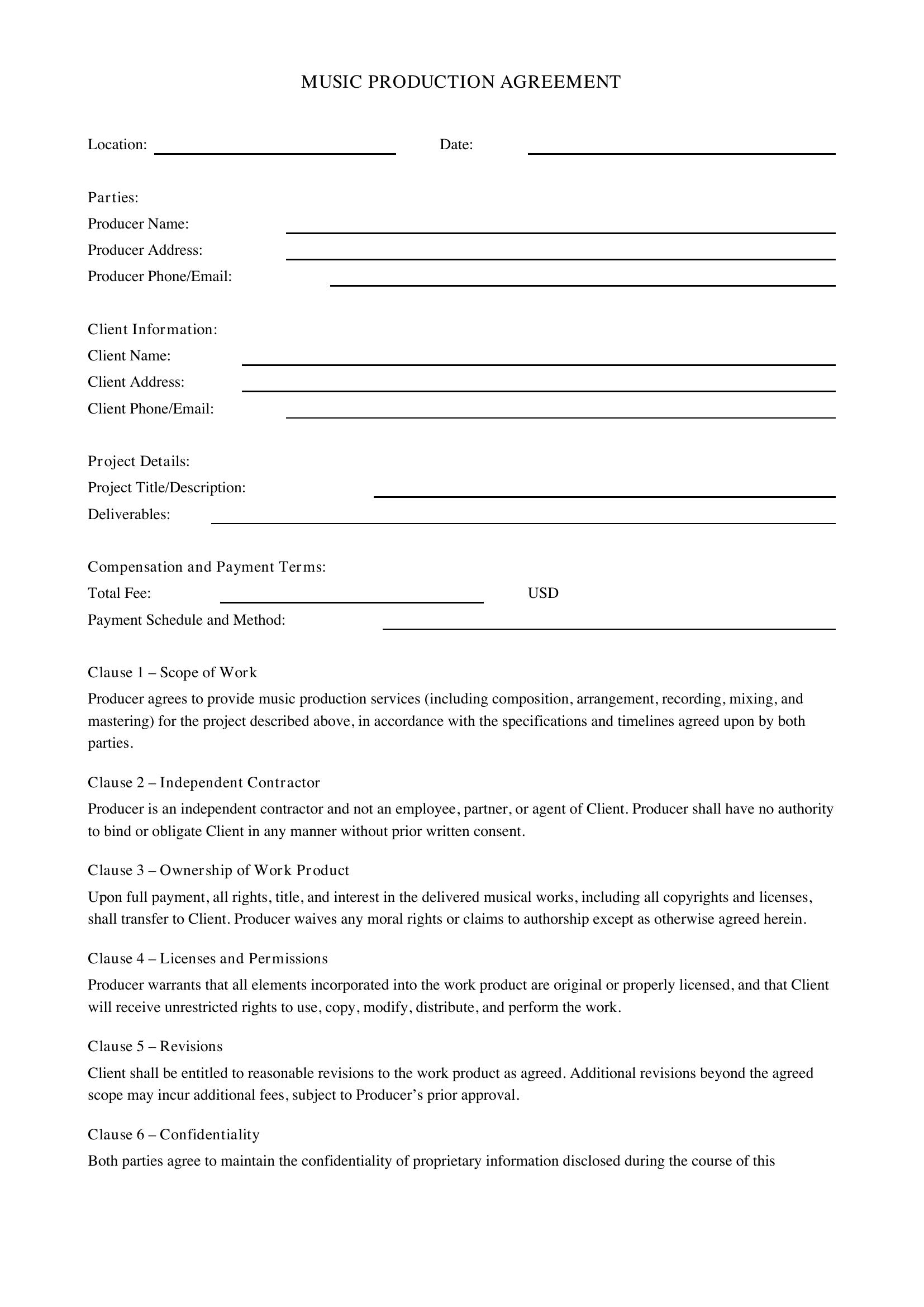Music Production Contract Template - US