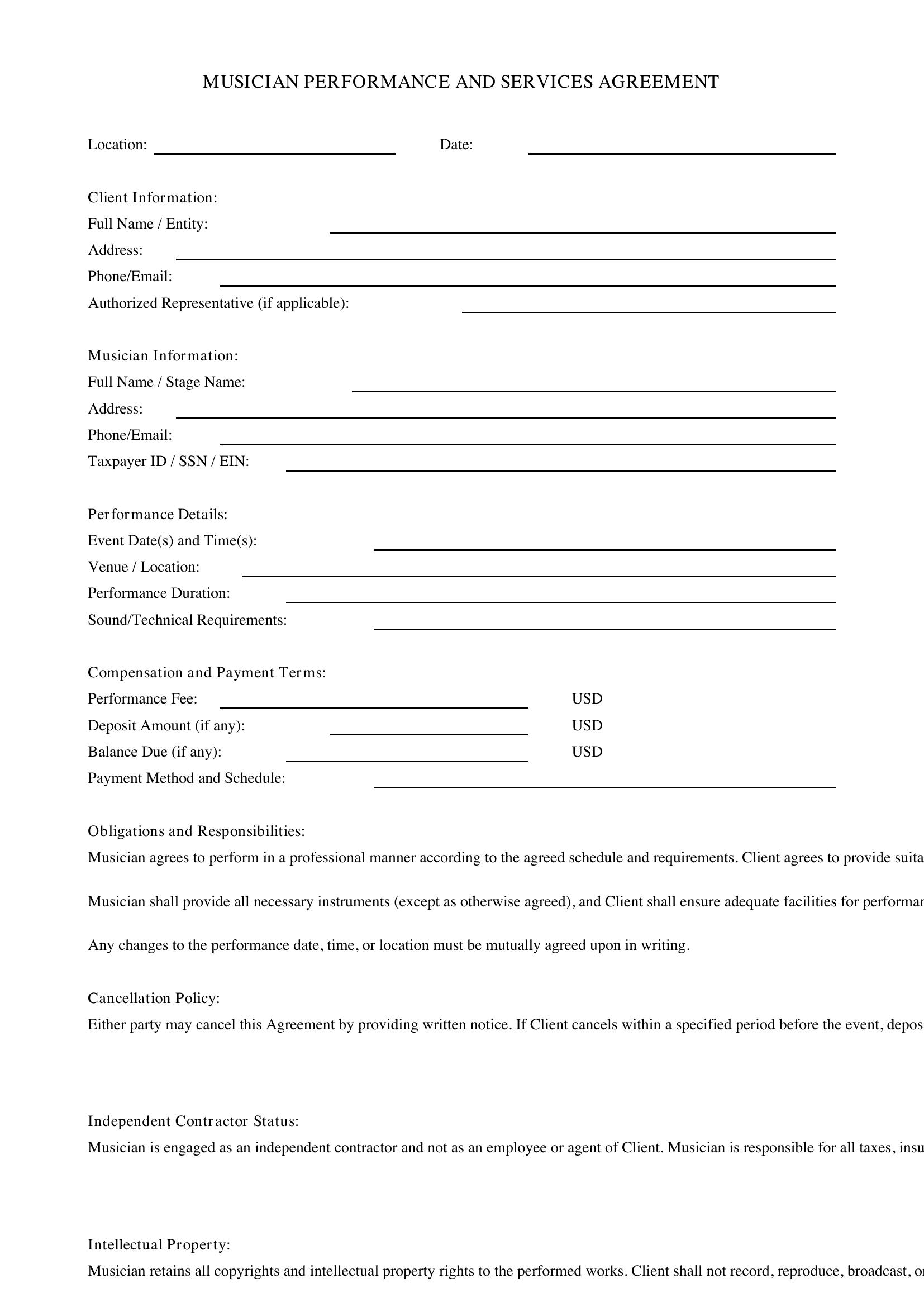 Musician Contract Template - US