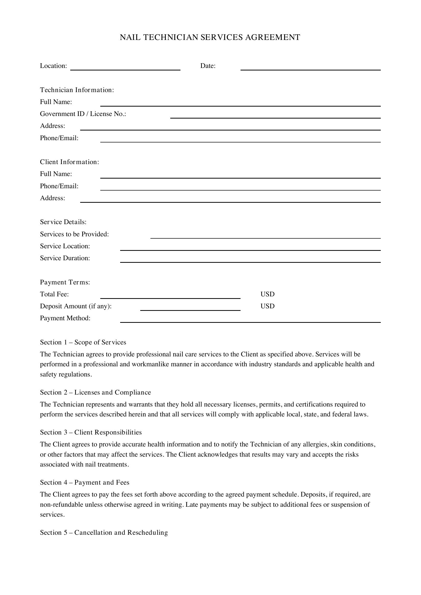 Nail Technician Contract Template - US