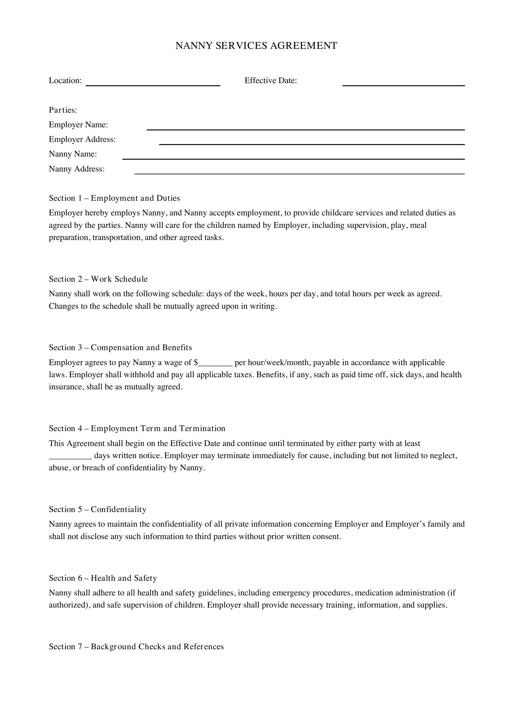 Nanny Contract Template - US