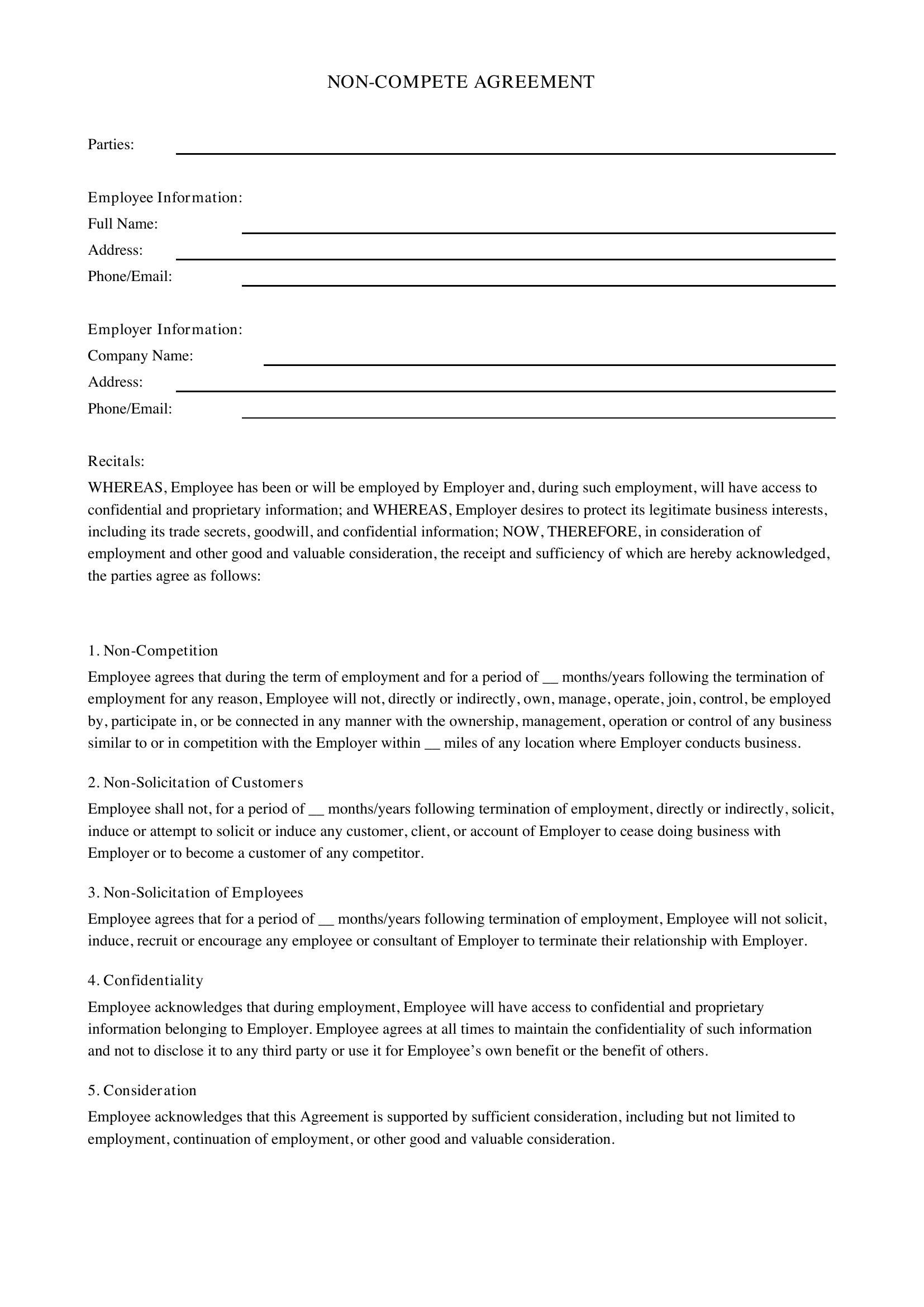 Non Compete Contract Template - US