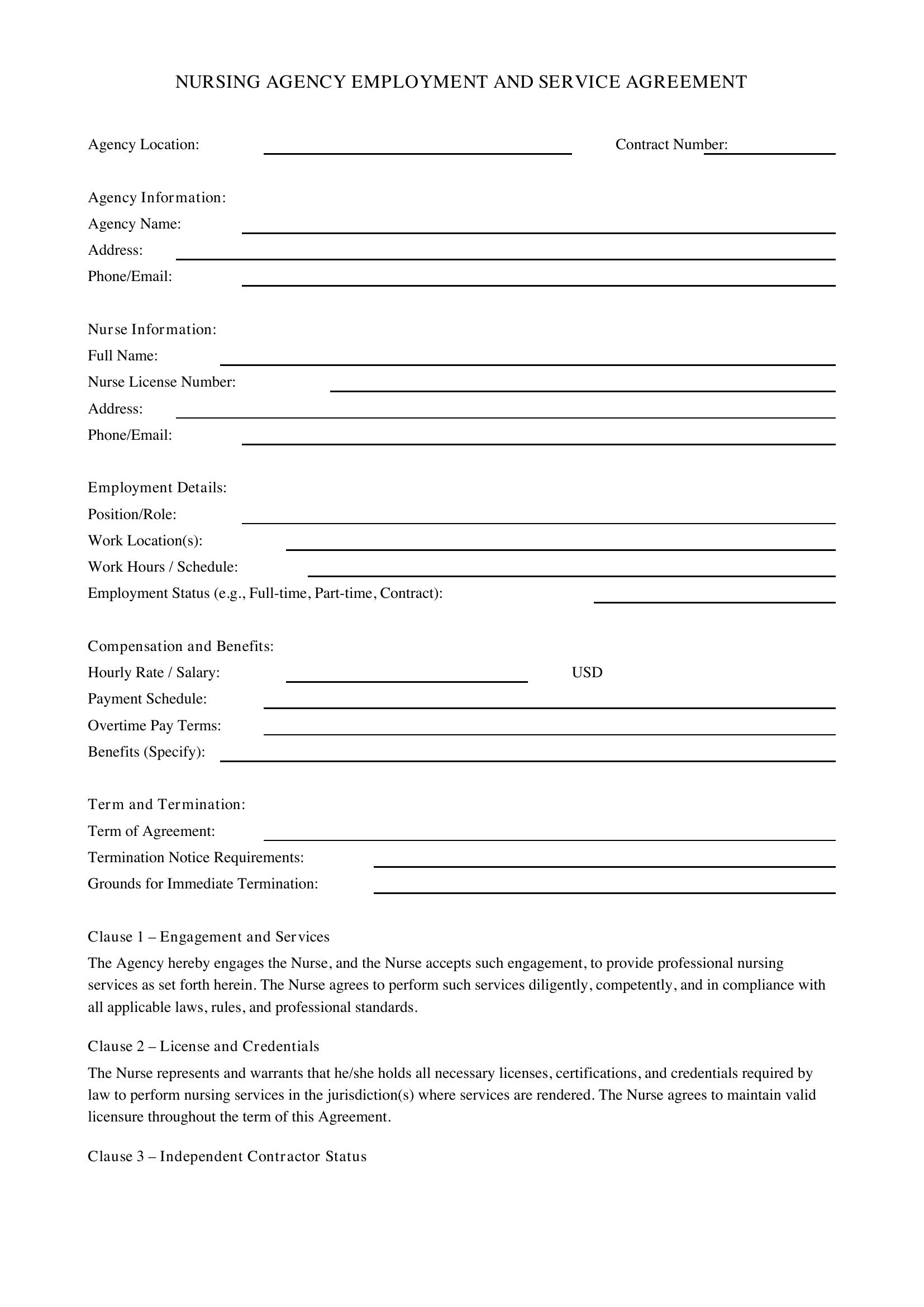 Nursing Agency Contract Template - US