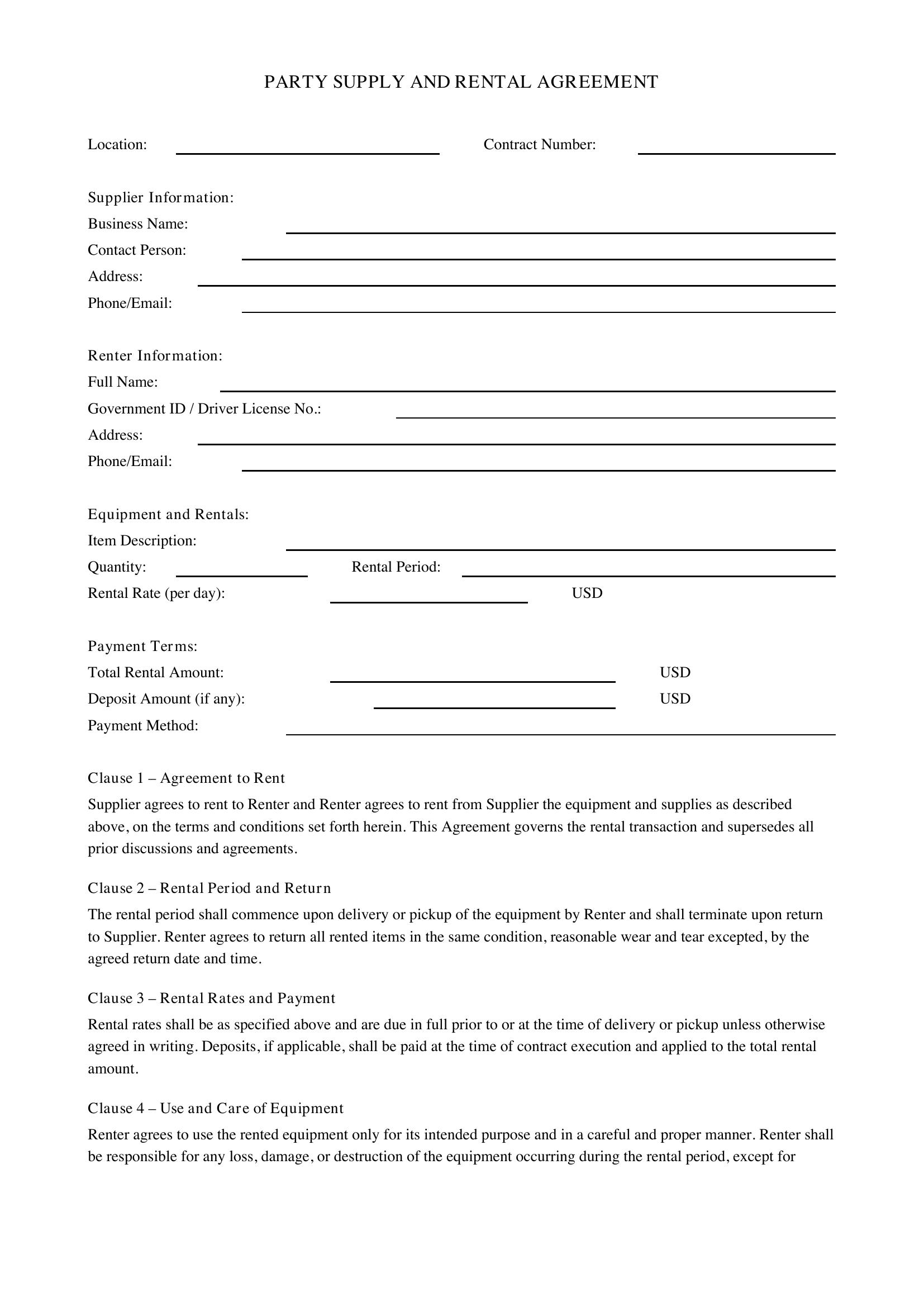 Party Supply Party Rental Contract Template - US