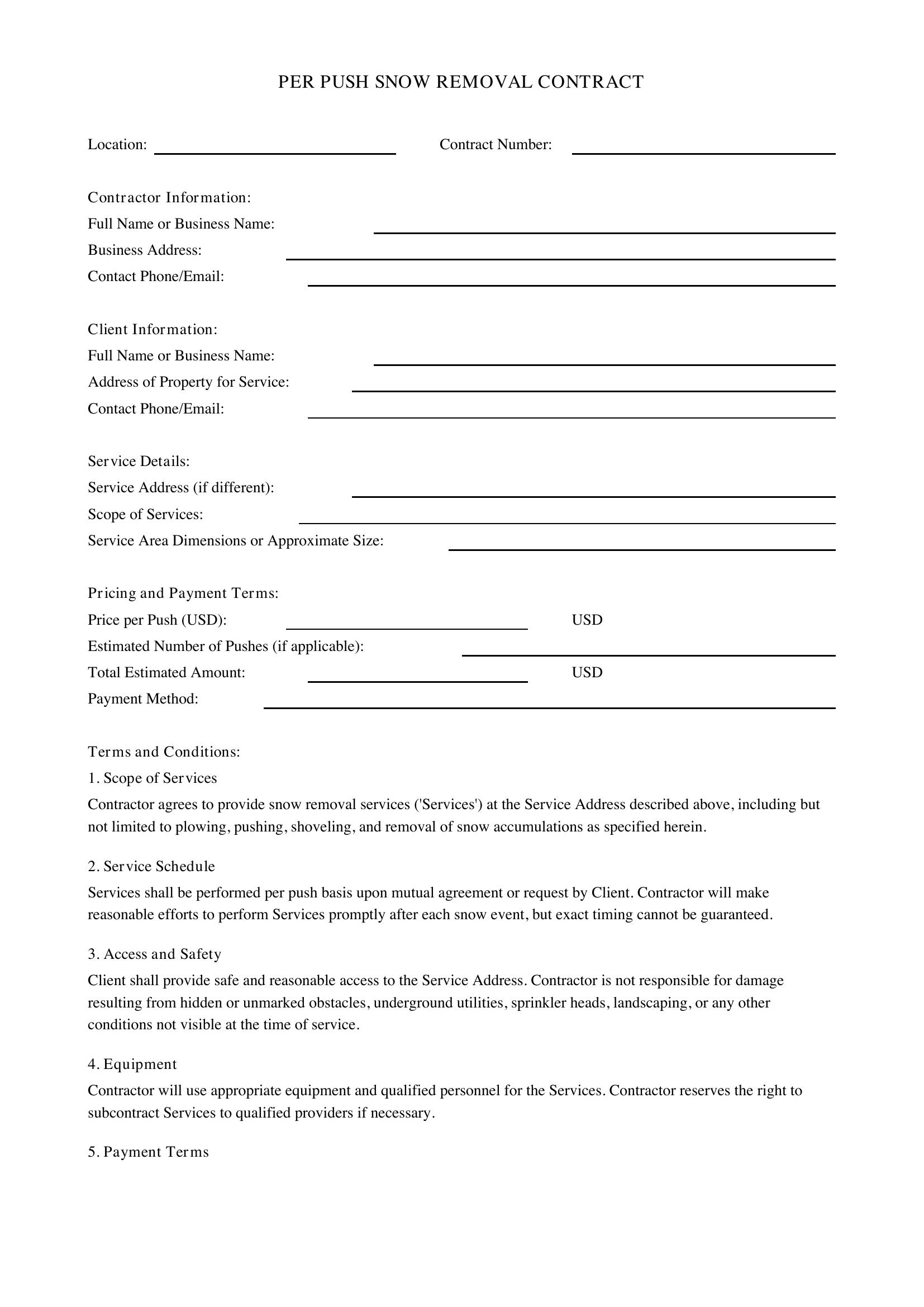 Per Push Snow Removal Contract Template - US