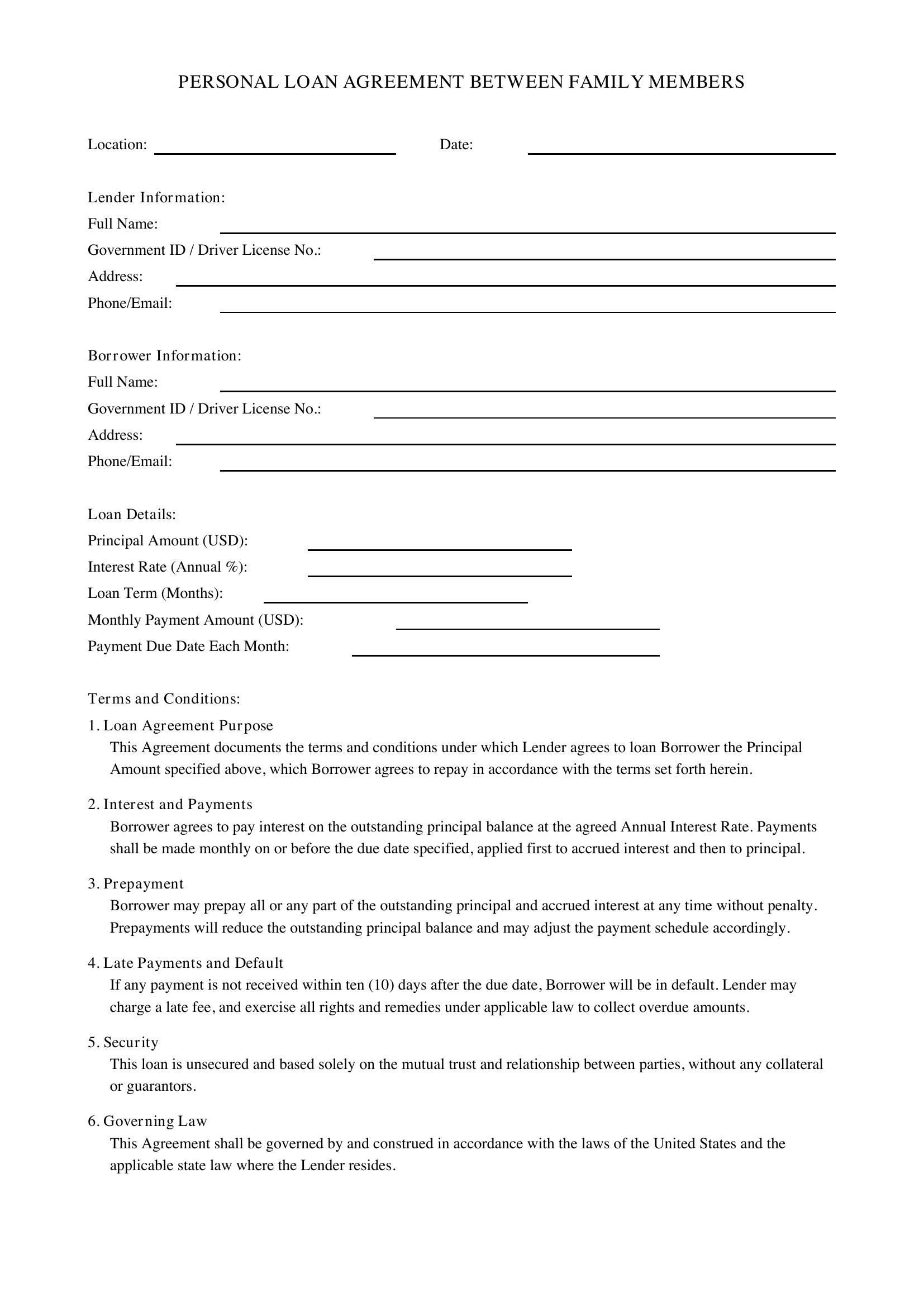 Personal Loan Contract Between Family Template - US