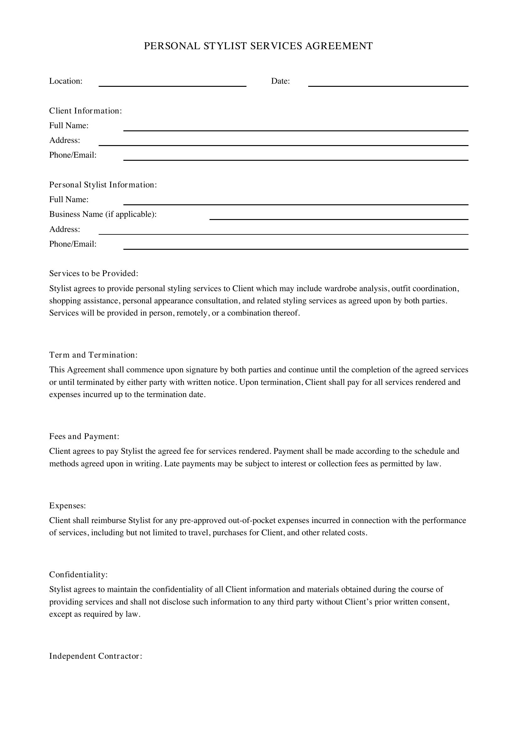 Personal Stylist Contract Template - US