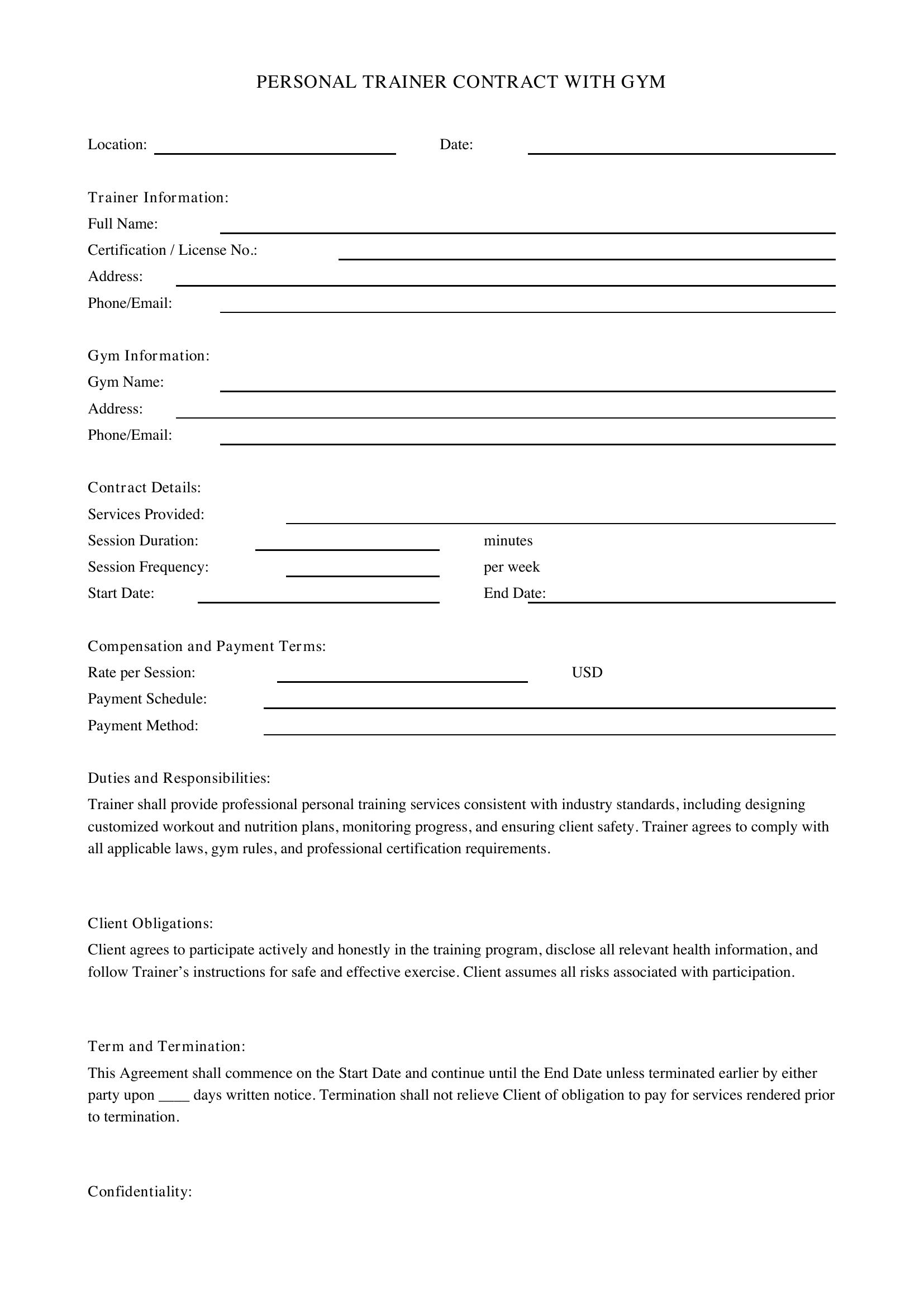 Personal Trainer Contract With Gym Template - US