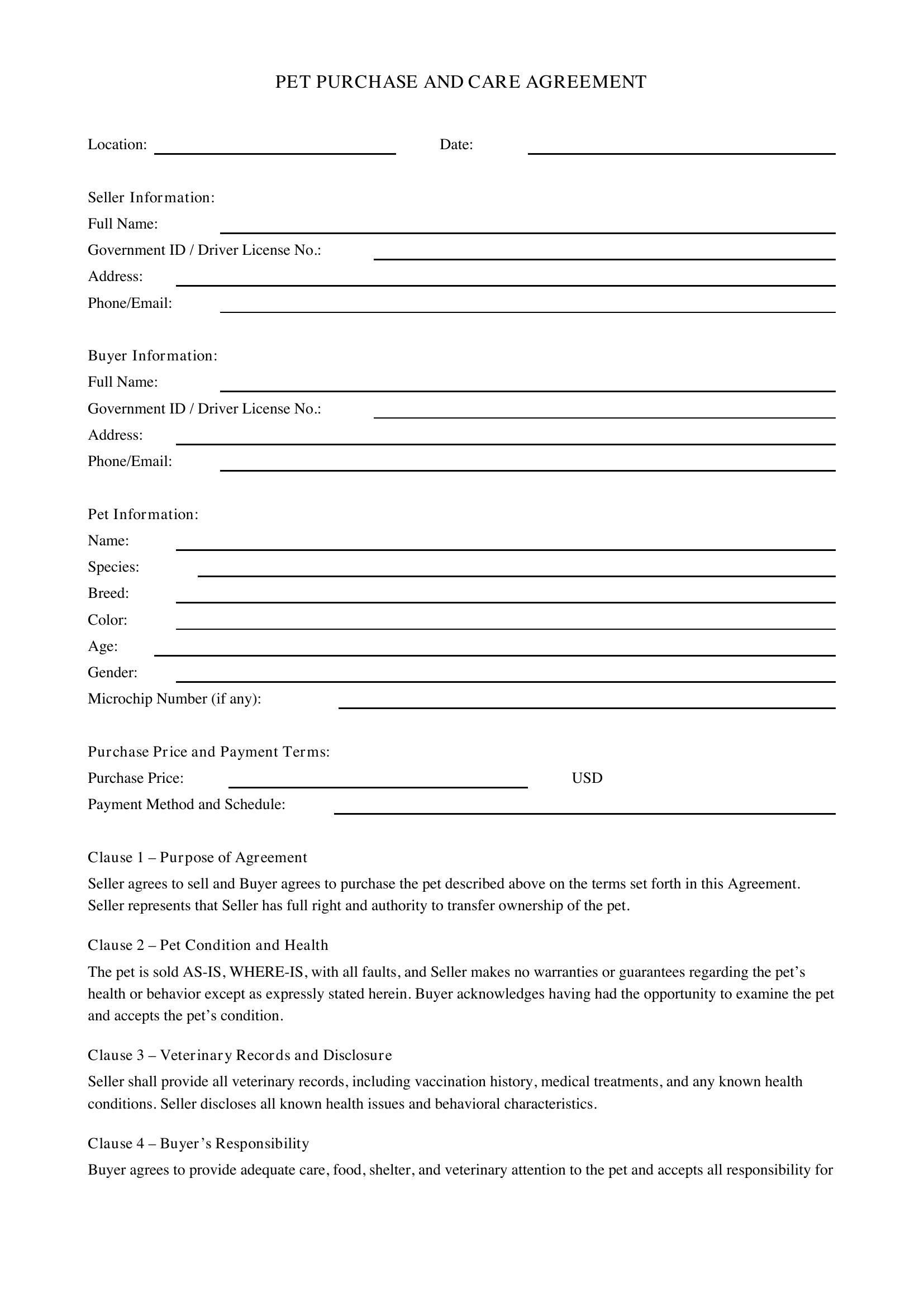 Pet Contract Template - US