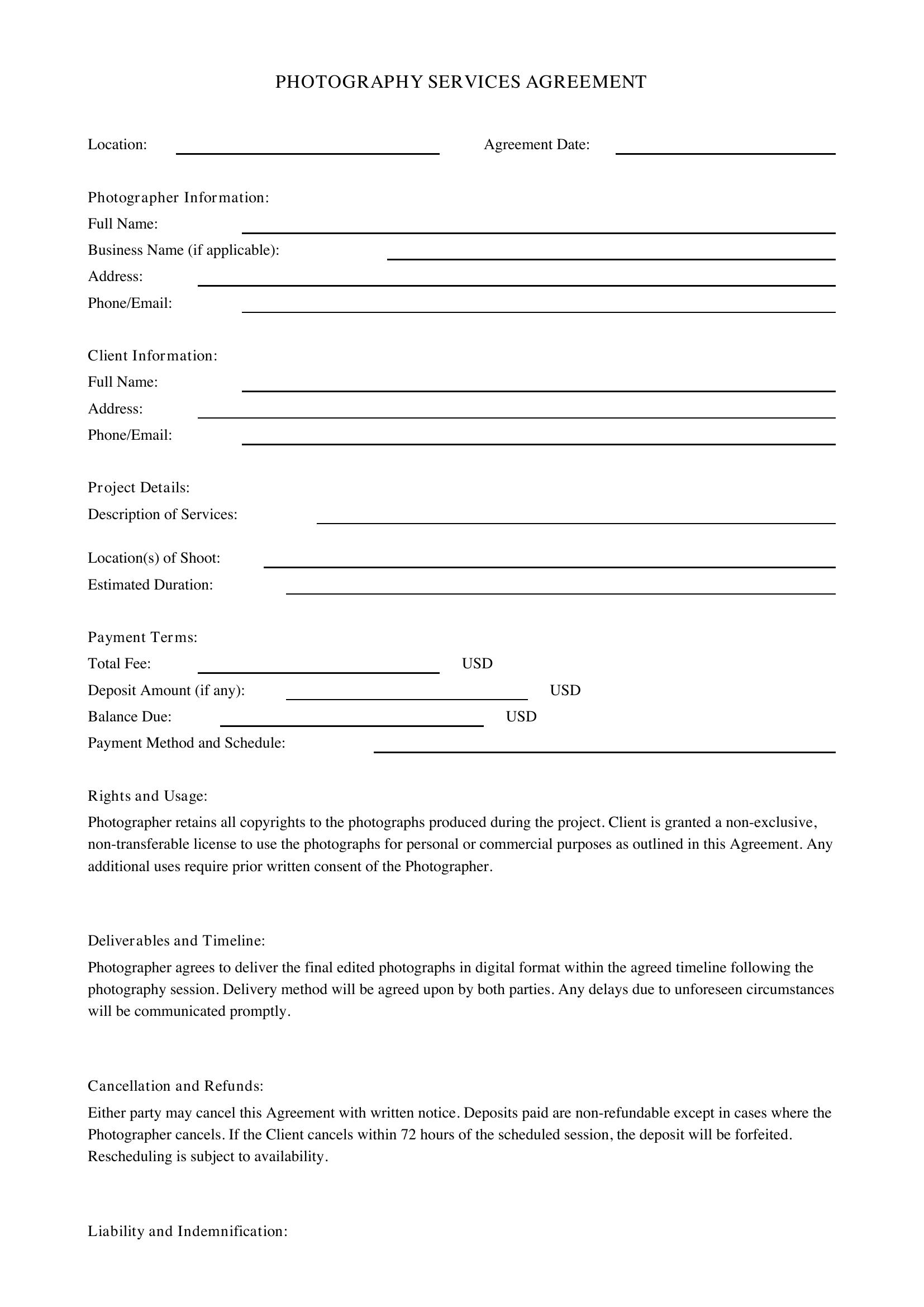 Photo Contract Template - US