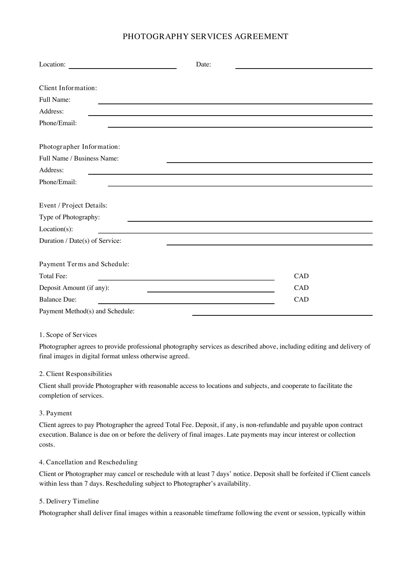 Photography Contract Canada Template - US
