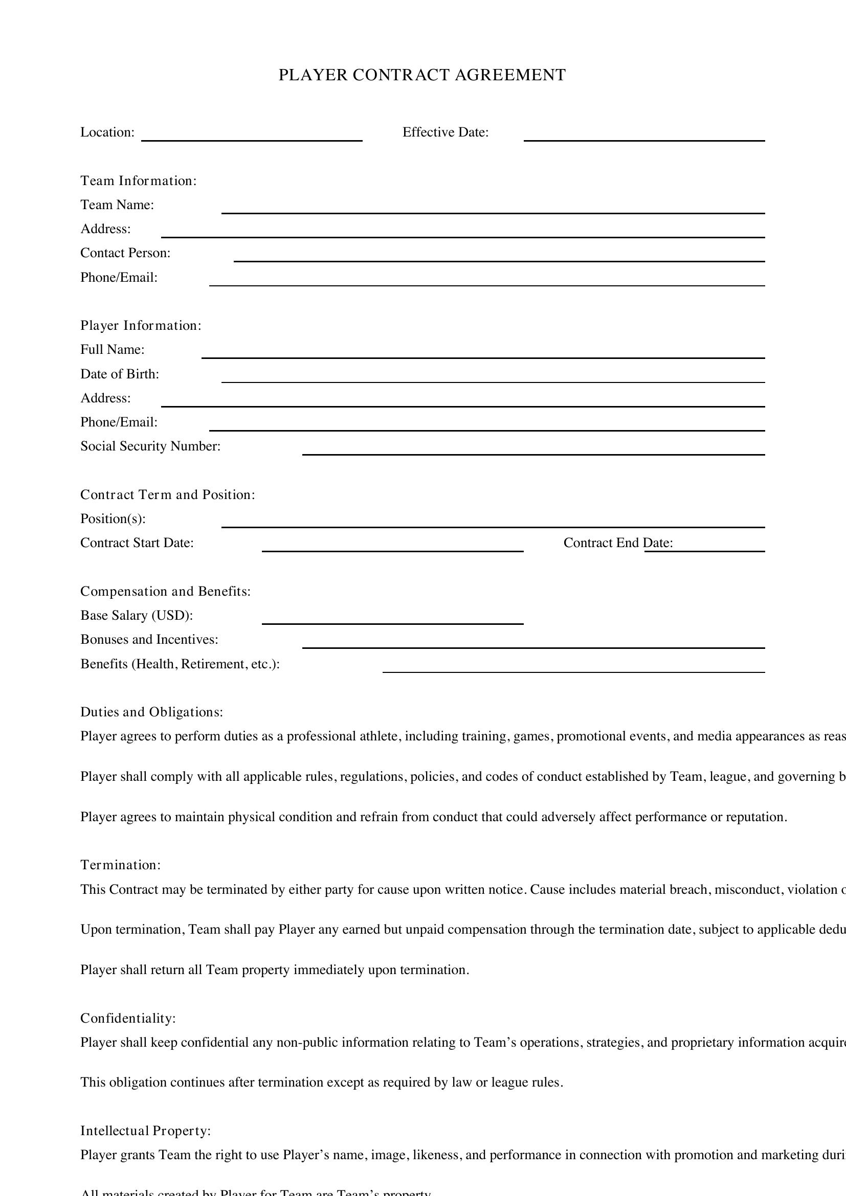 Player Contract Template - US