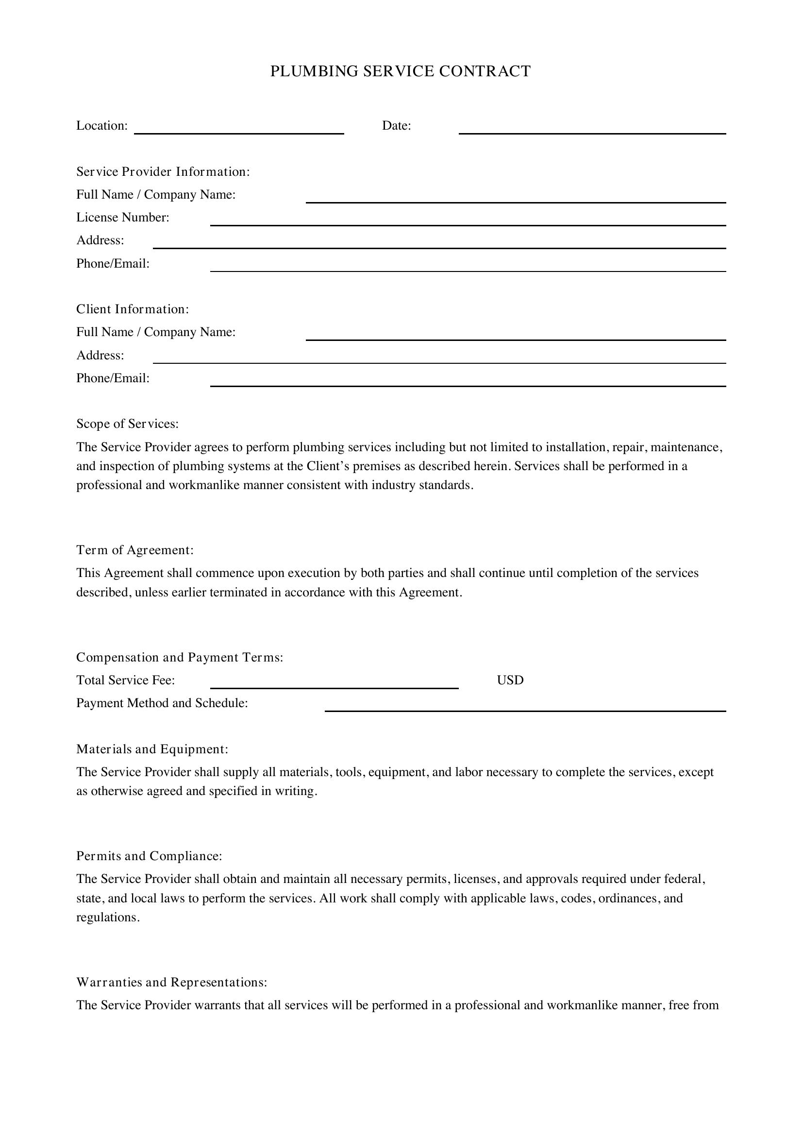 Plumbing Service Contract Template - US