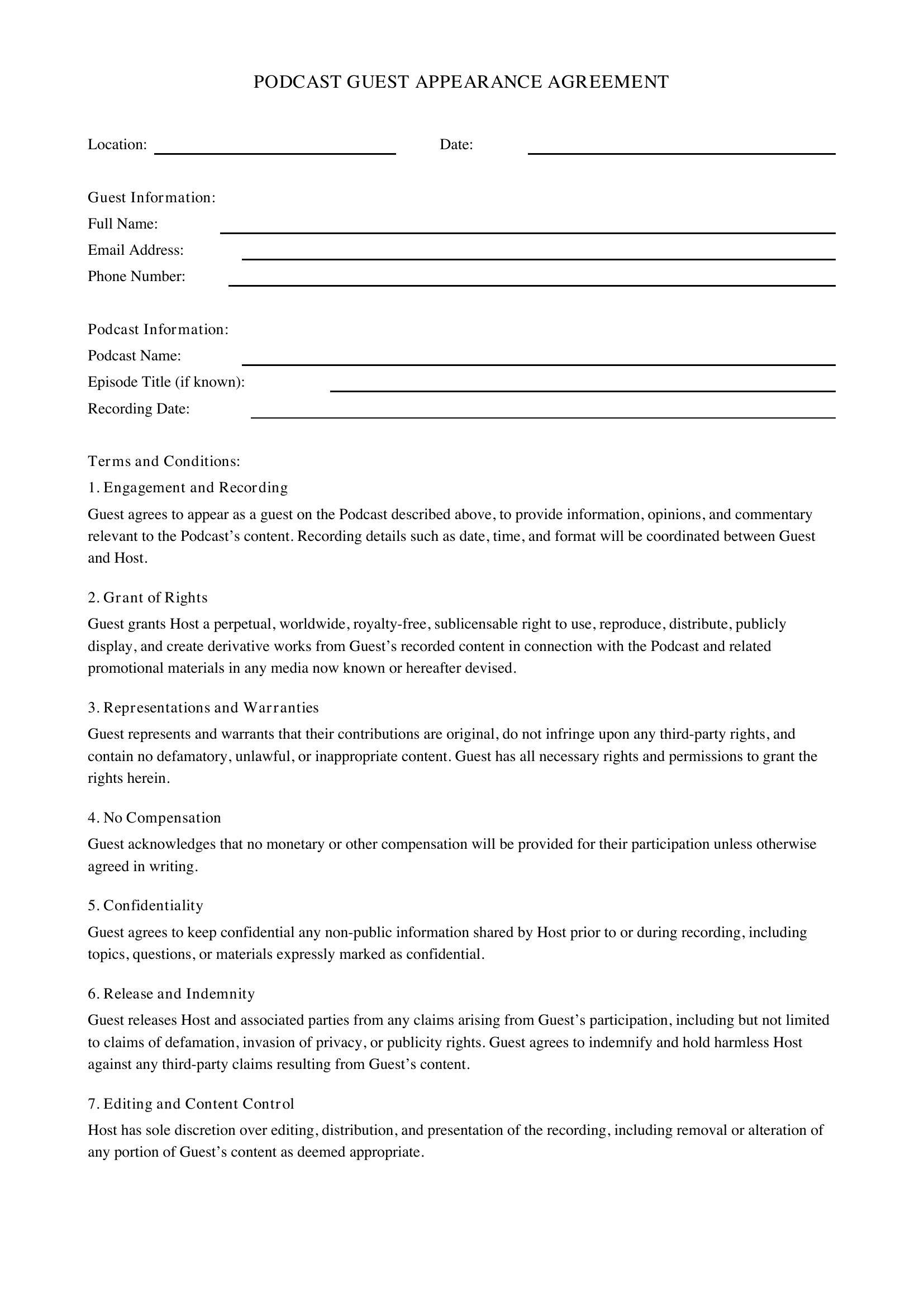 Podcast Guest Contract Template - US