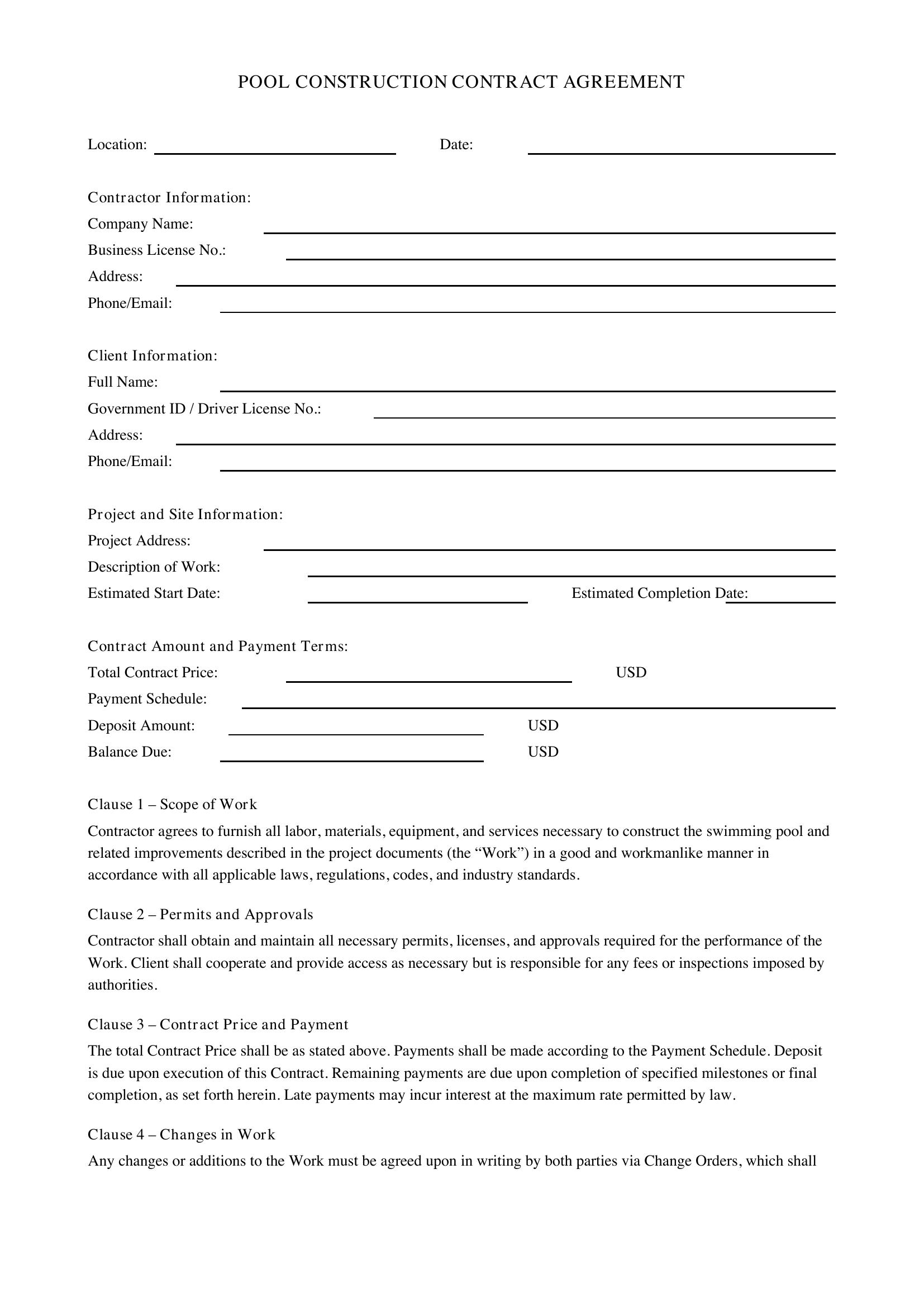 Pool Construction Contract Template - US