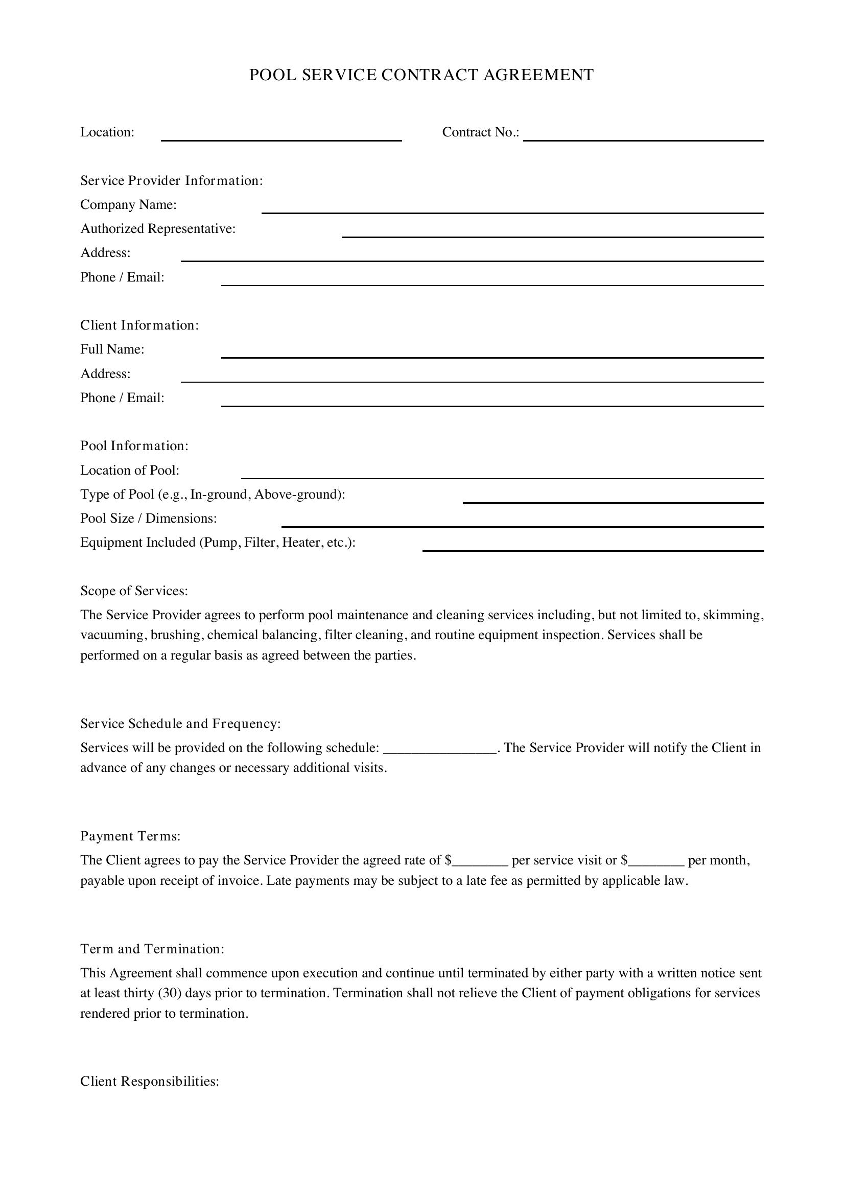 Pool Service Contract Template - US