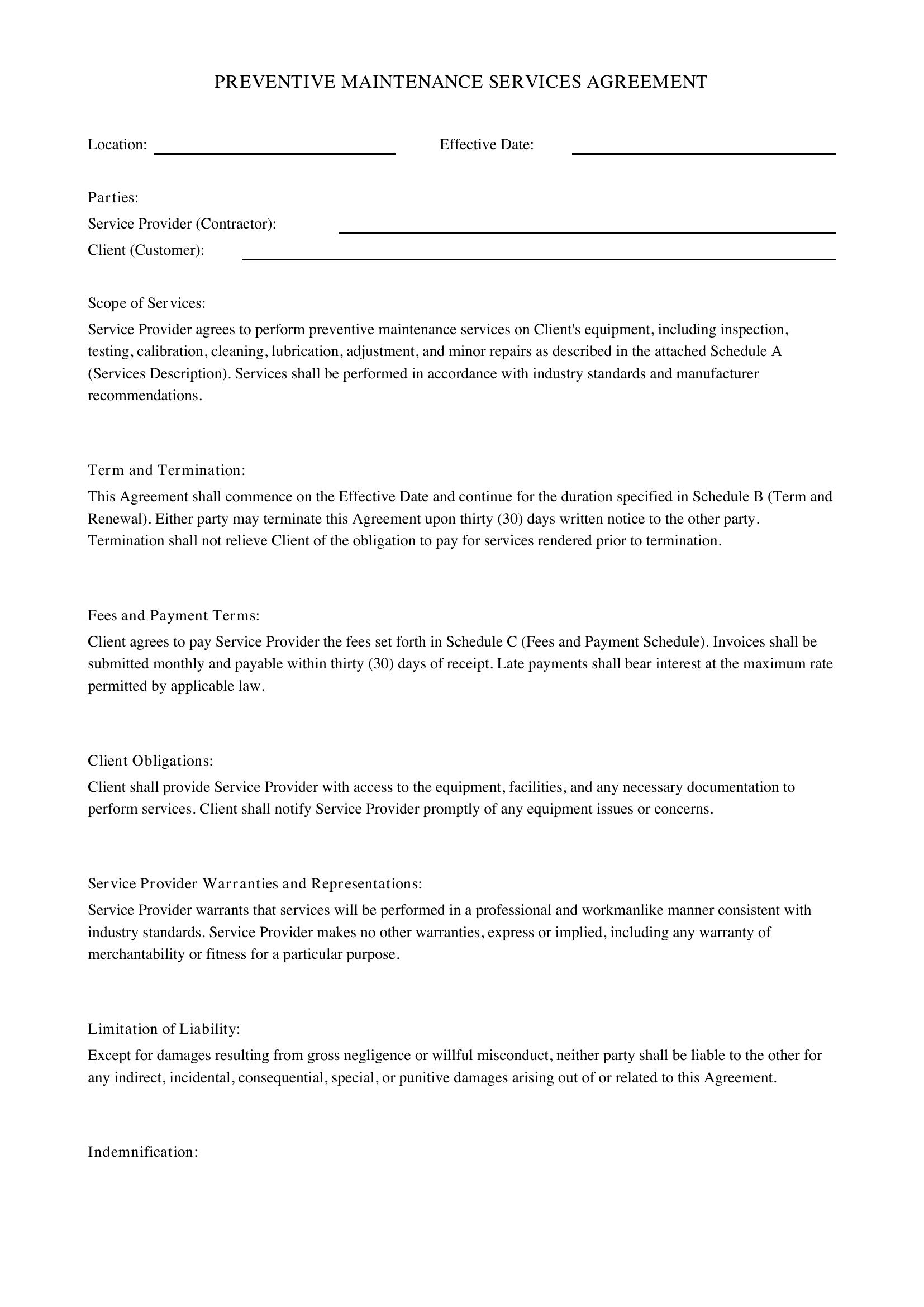 Preventive Maintenance Contract Template - US