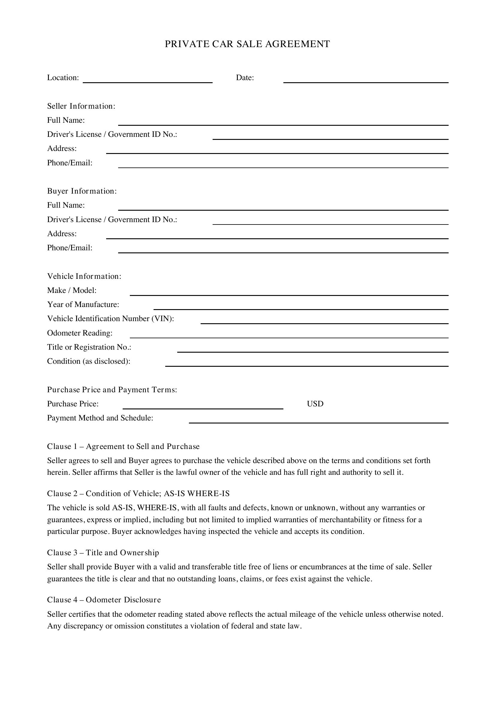 Private Car Sale Contract Template - US