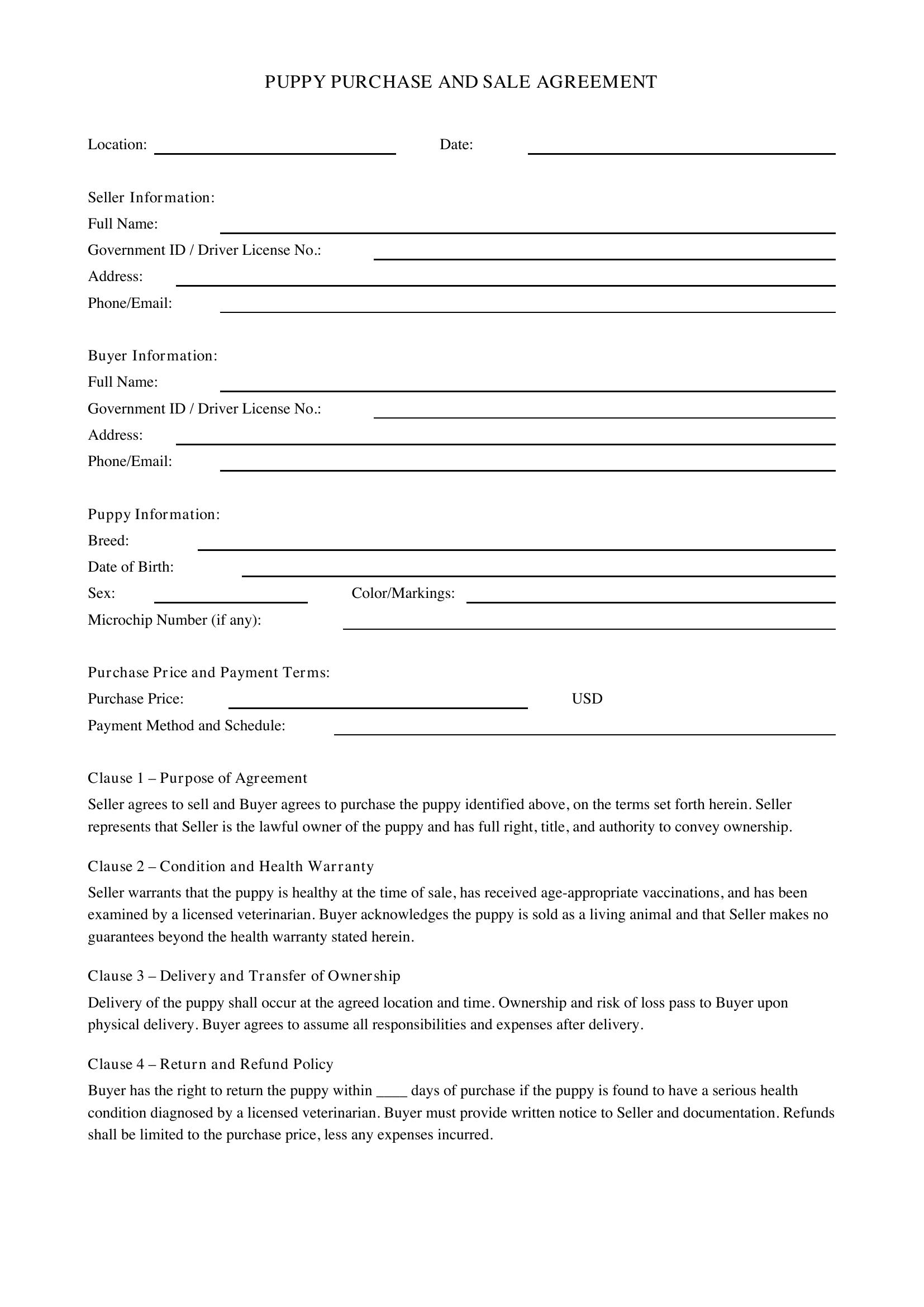 Puppy Contract Template - US