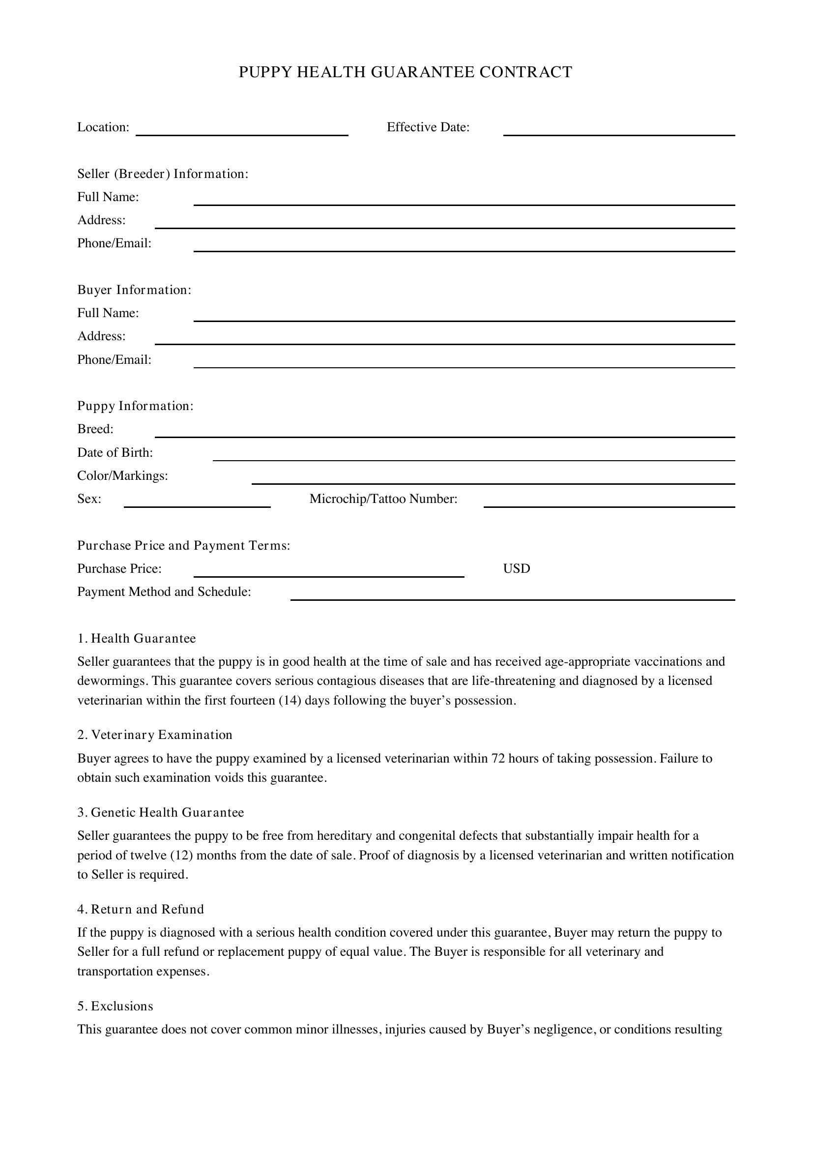 Puppy Health Guarantee Contract Template - US