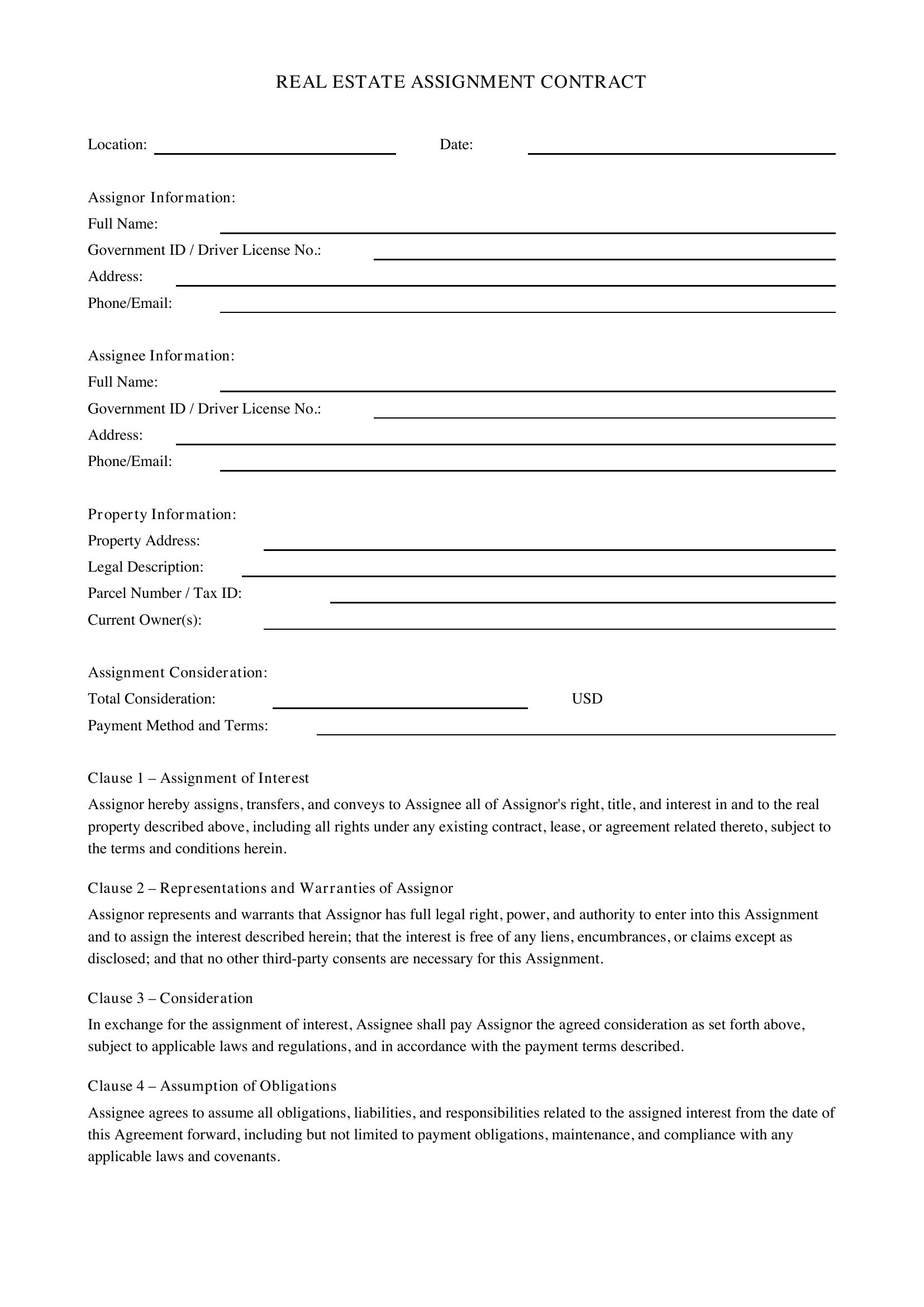 Real Estate Assignment Contract Template - US