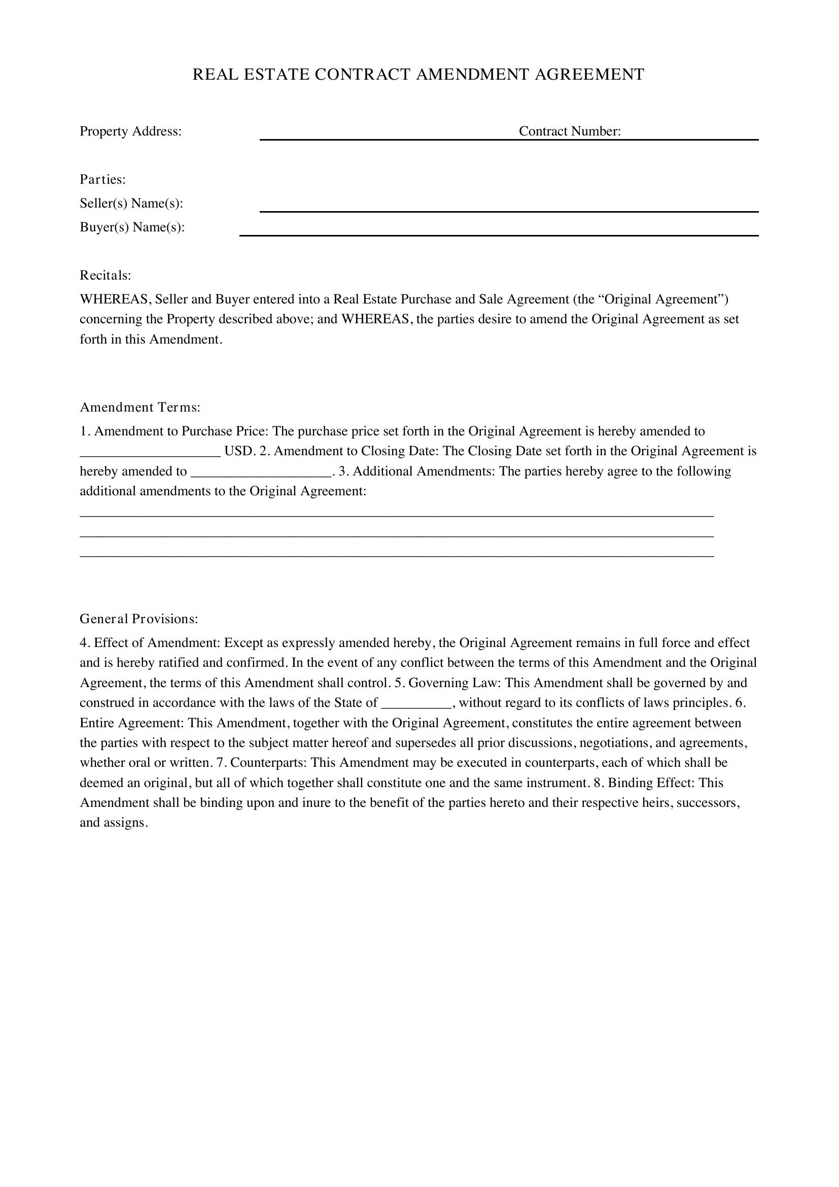 Real Estate Contract Amendment Template - US