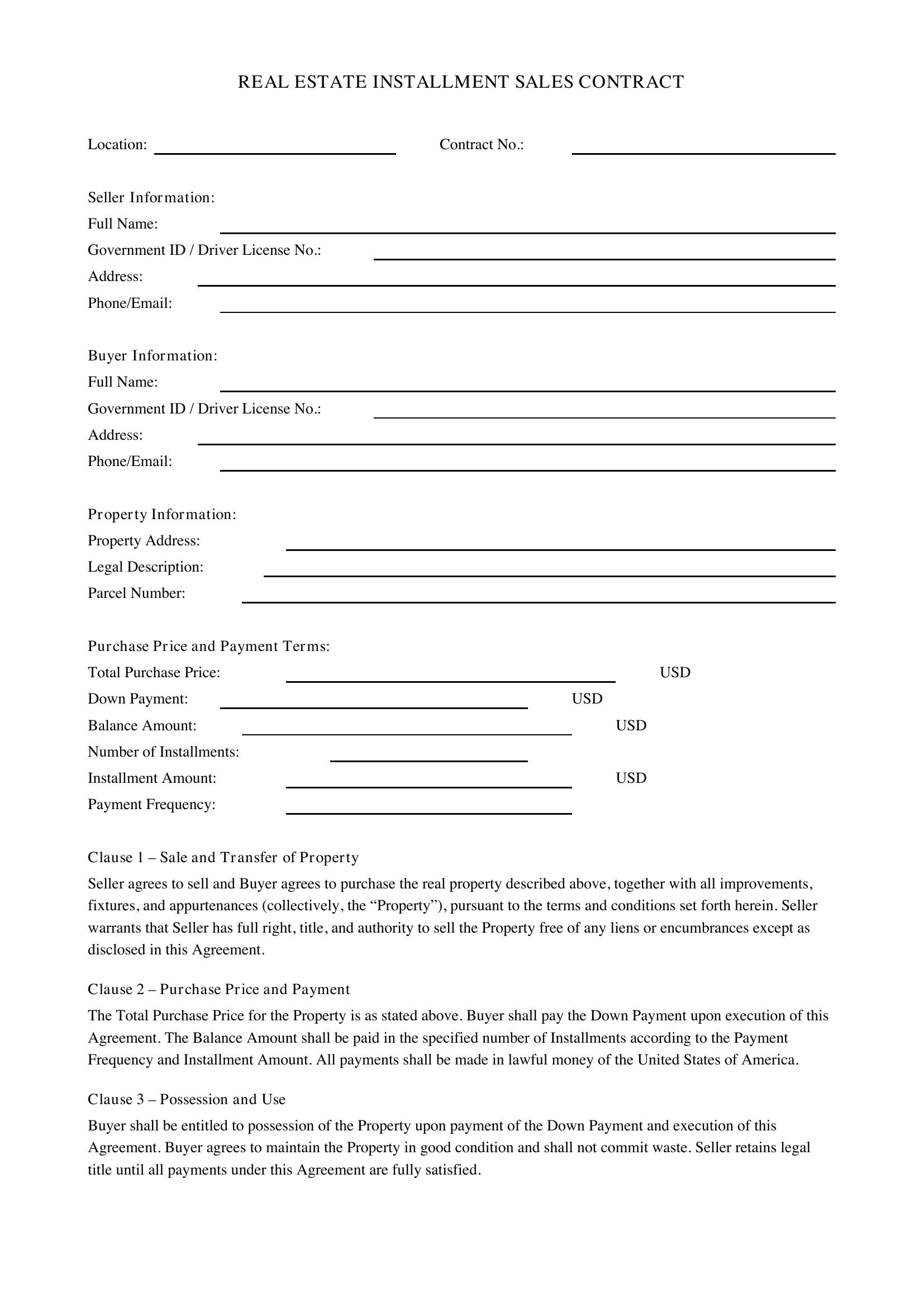 Real Estate Installment Sales Contract Template - US