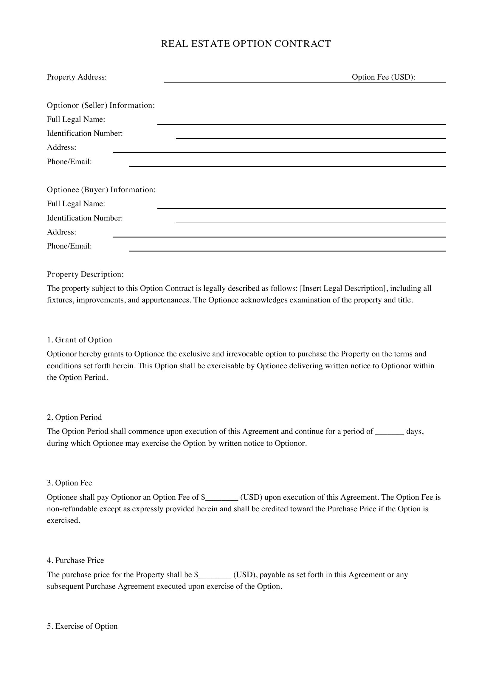 Real Estate Option Contract Template - US