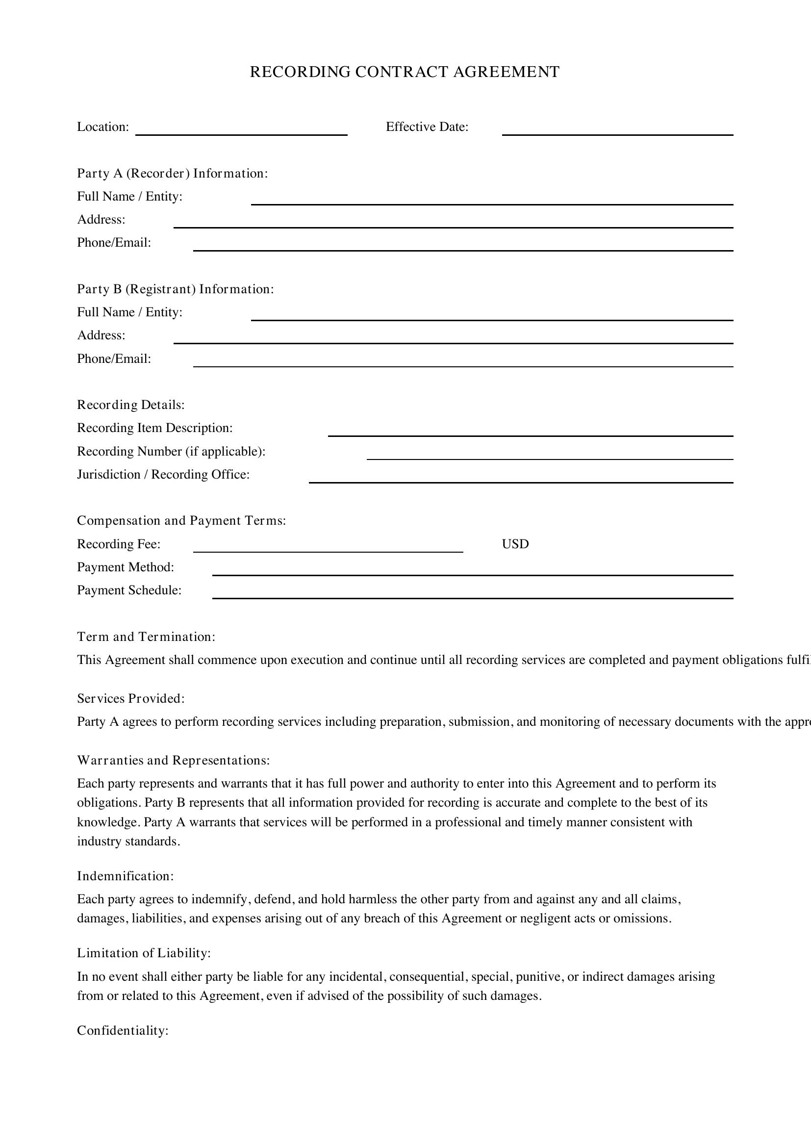 Recording Contract Template - US