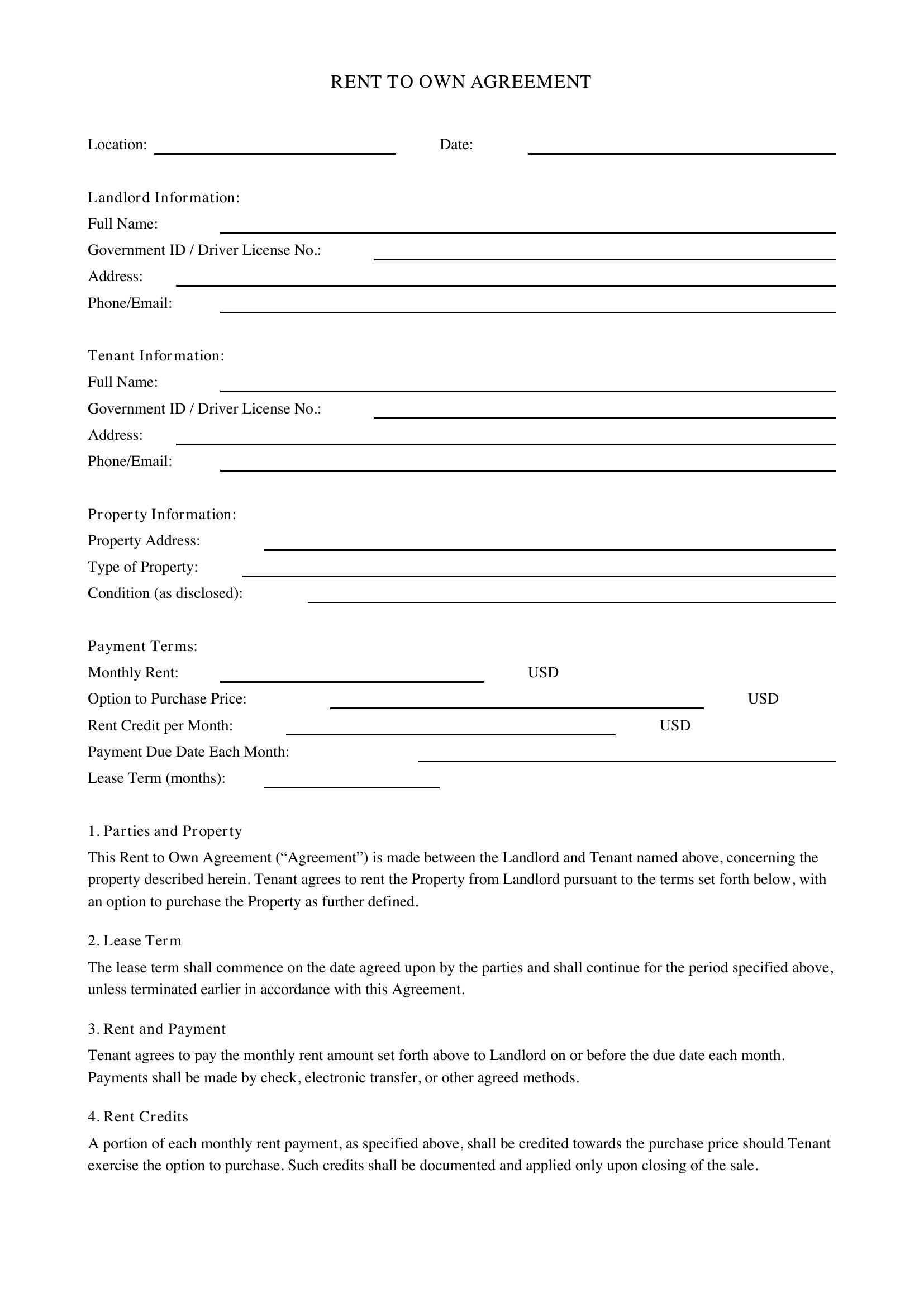 Rent To Own Contract Template - US