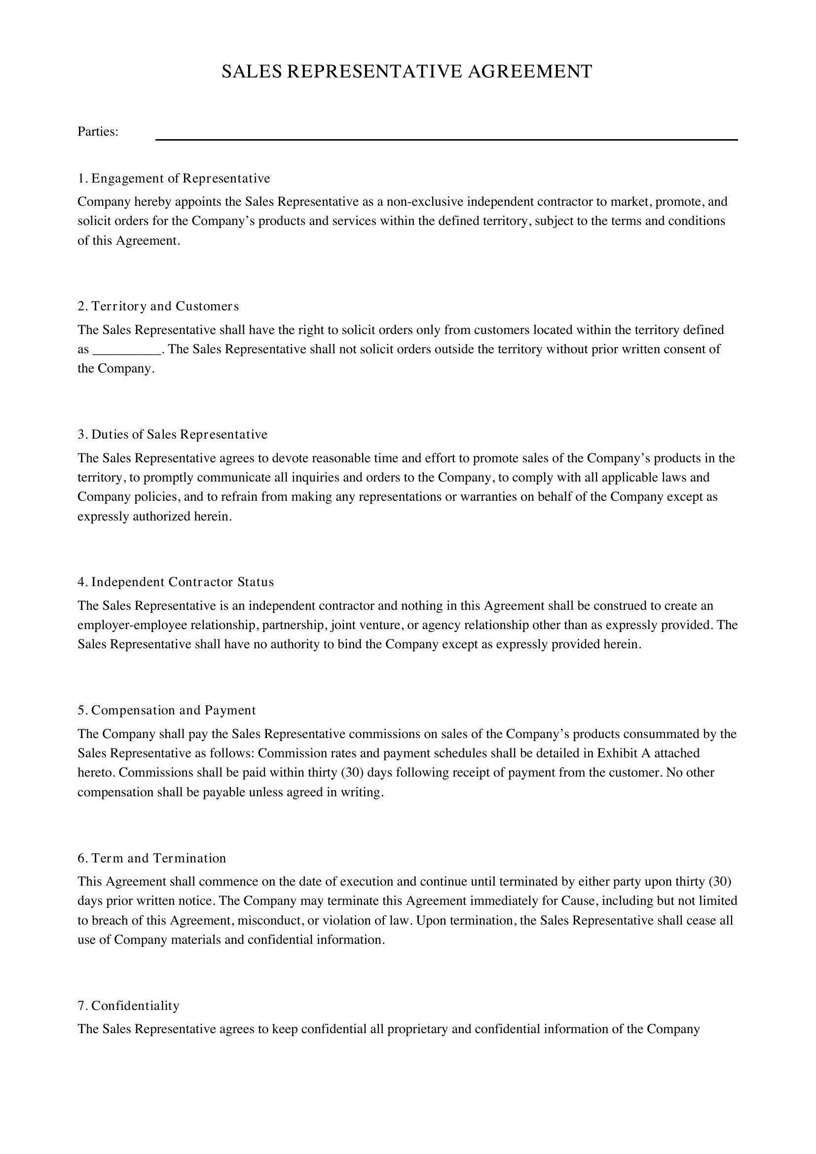 Sales Rep Contract Template - US