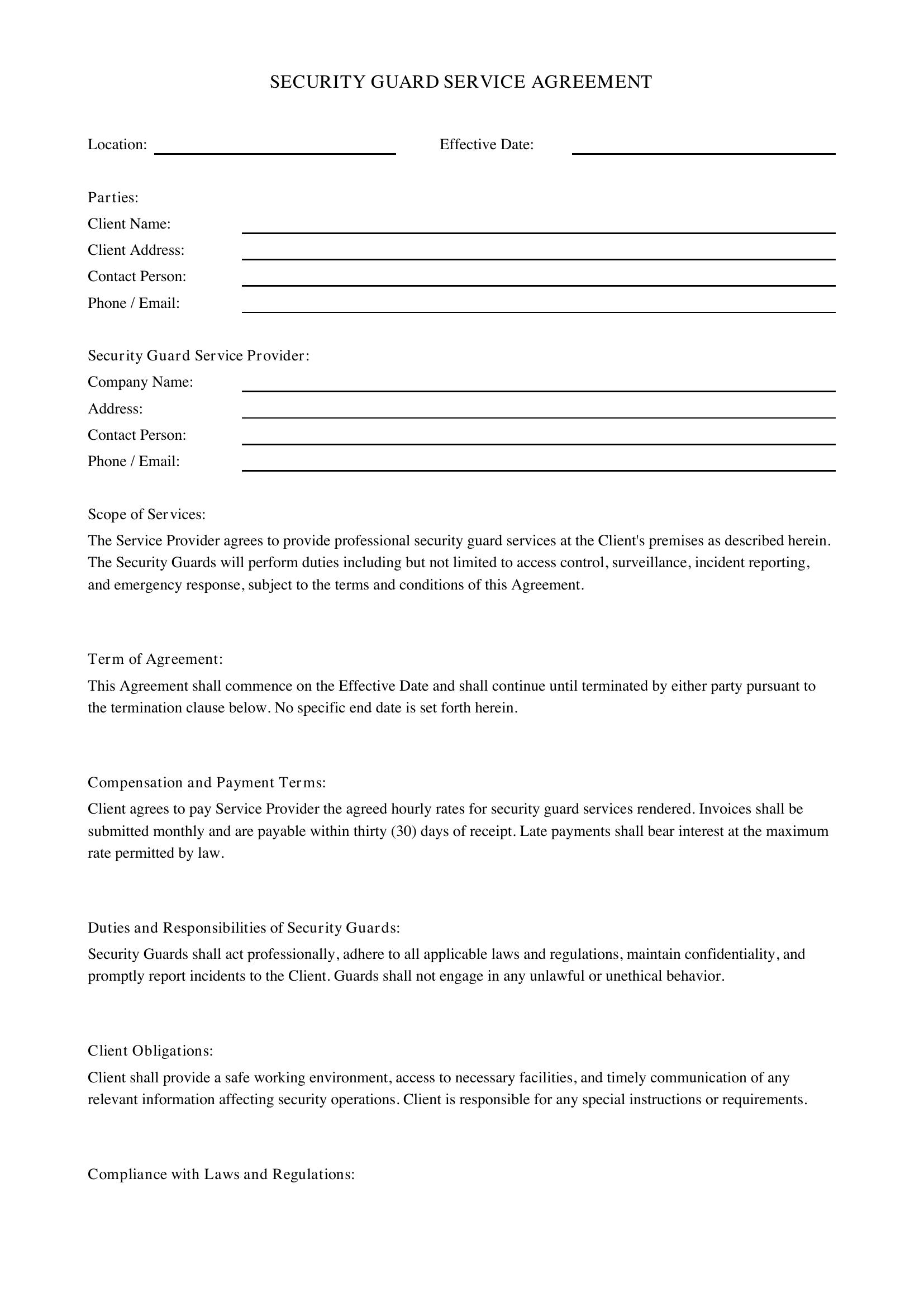 Security Guard Contract Template - US