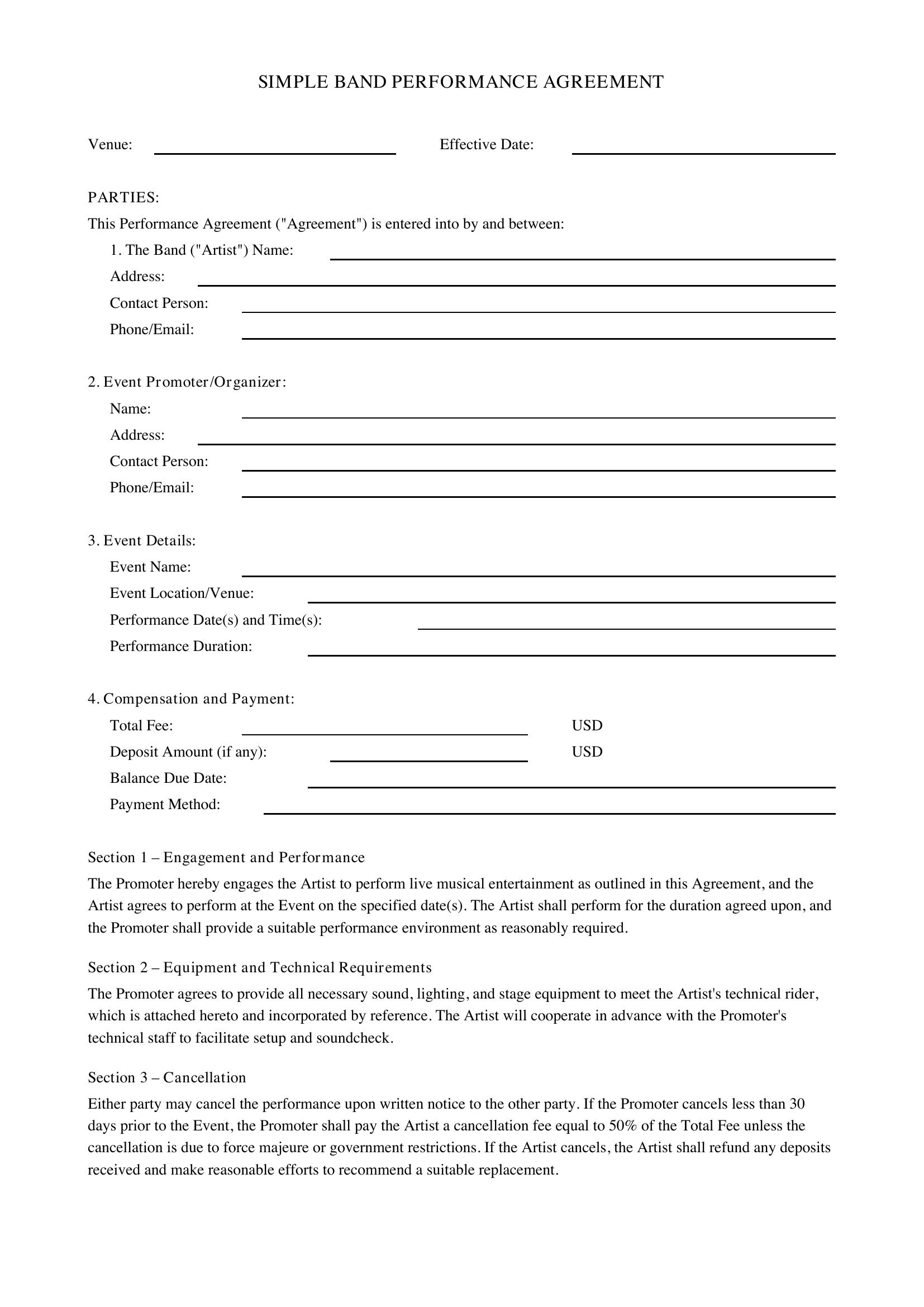 Simple Band Contract Template - US