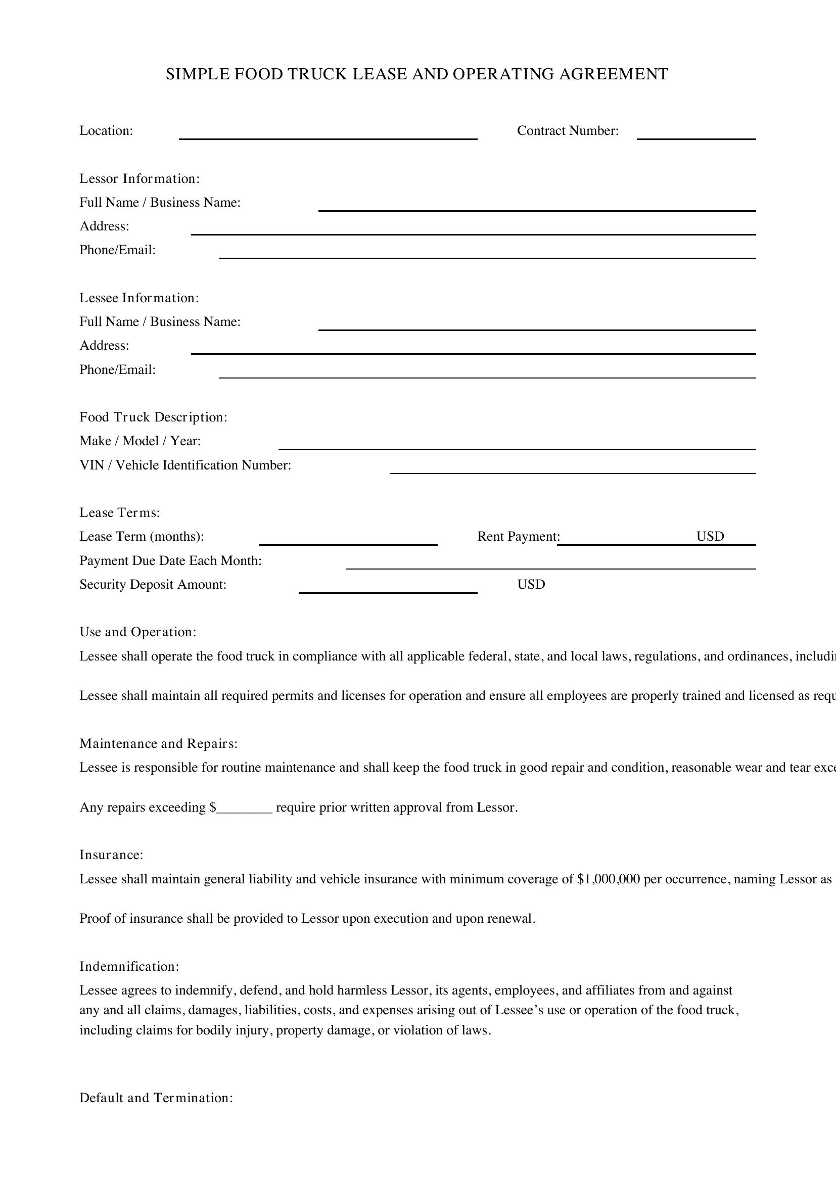 Simple Food Truck Contract Template - US
