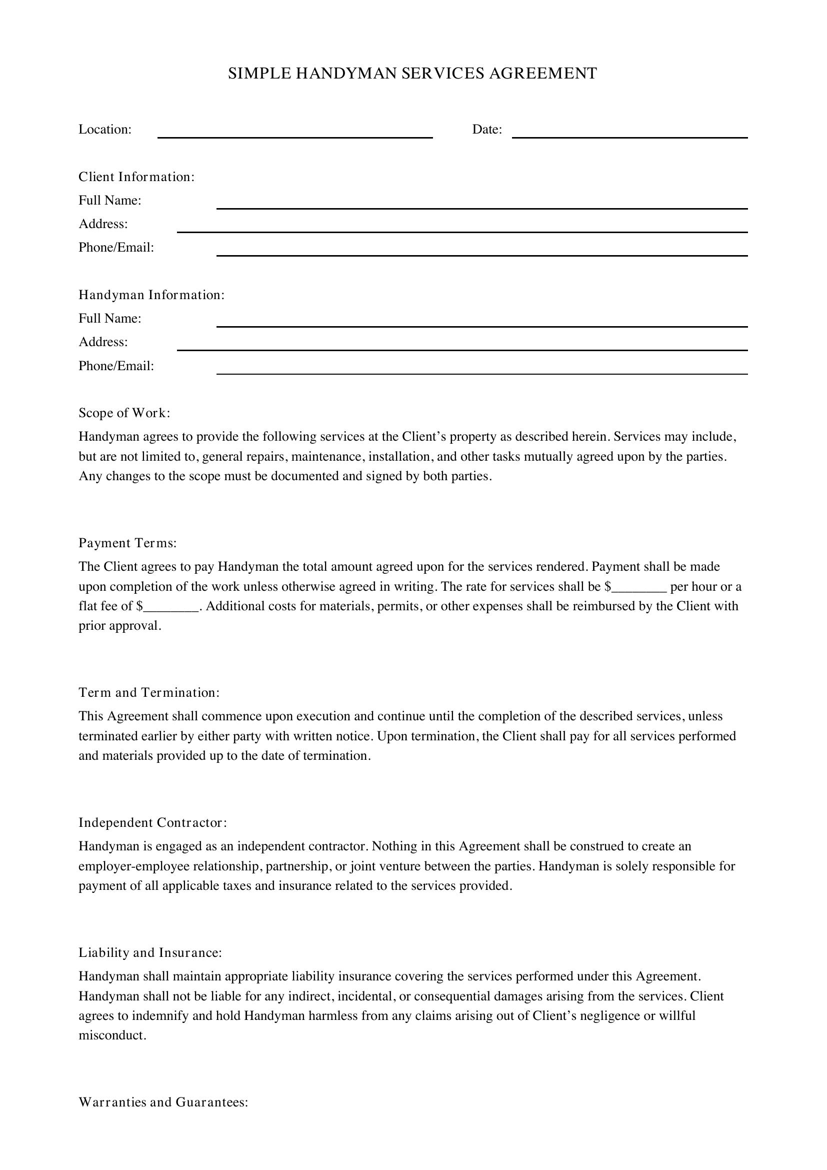 Simple Handyman Contract Template - US