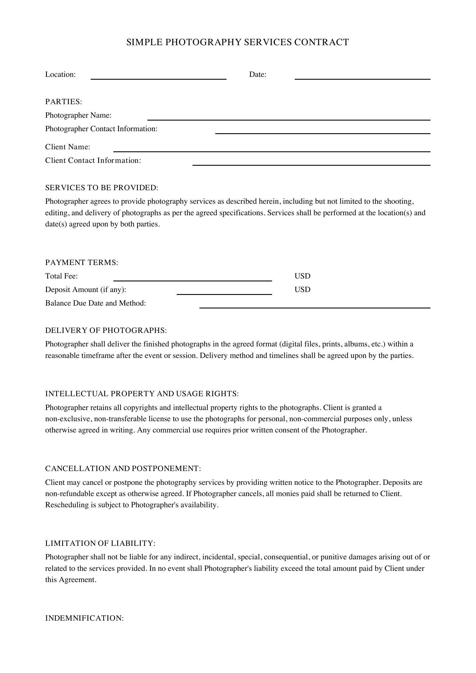 Simple Photography Contract Template - US