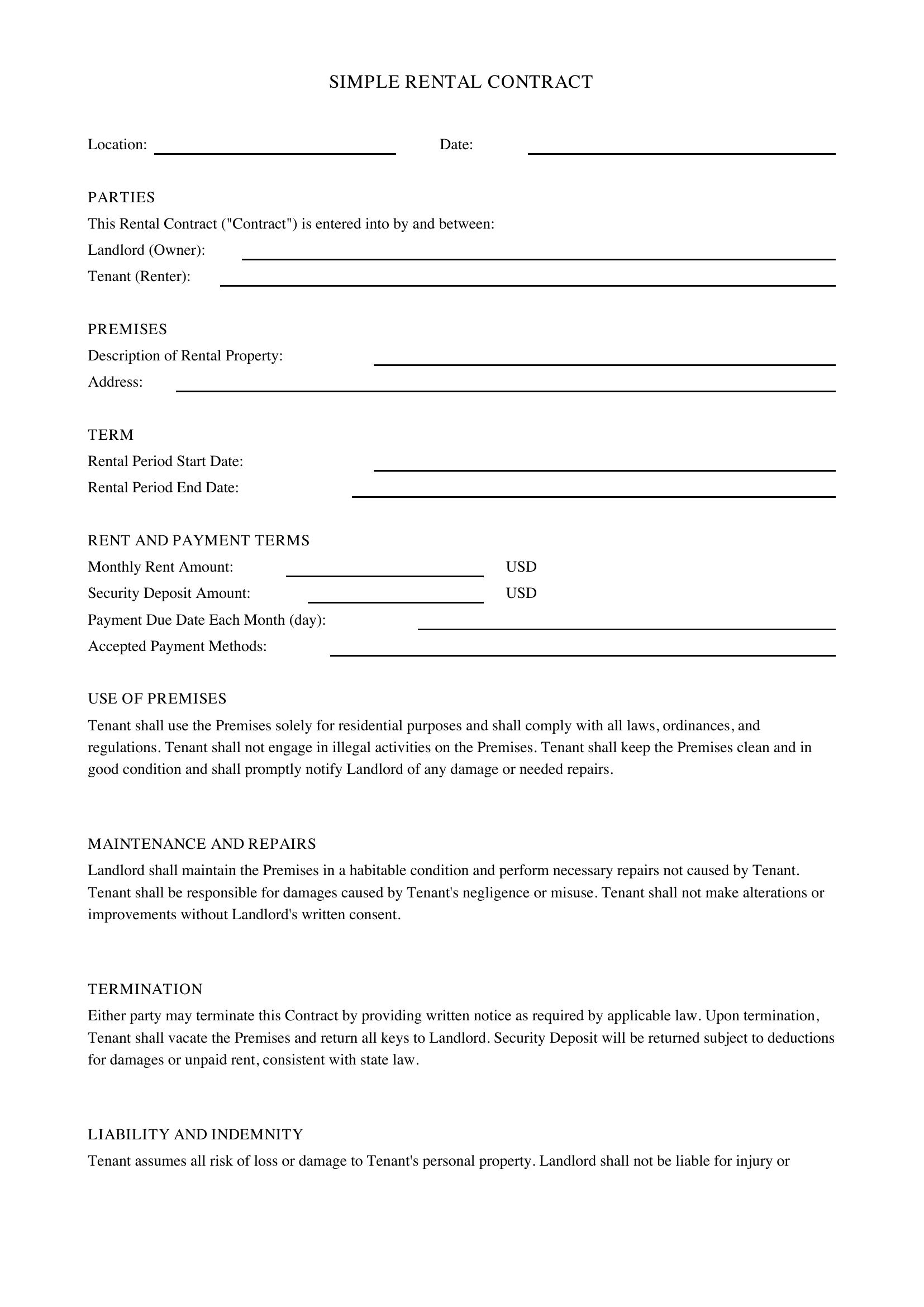 Simple Rental Contract Template - US