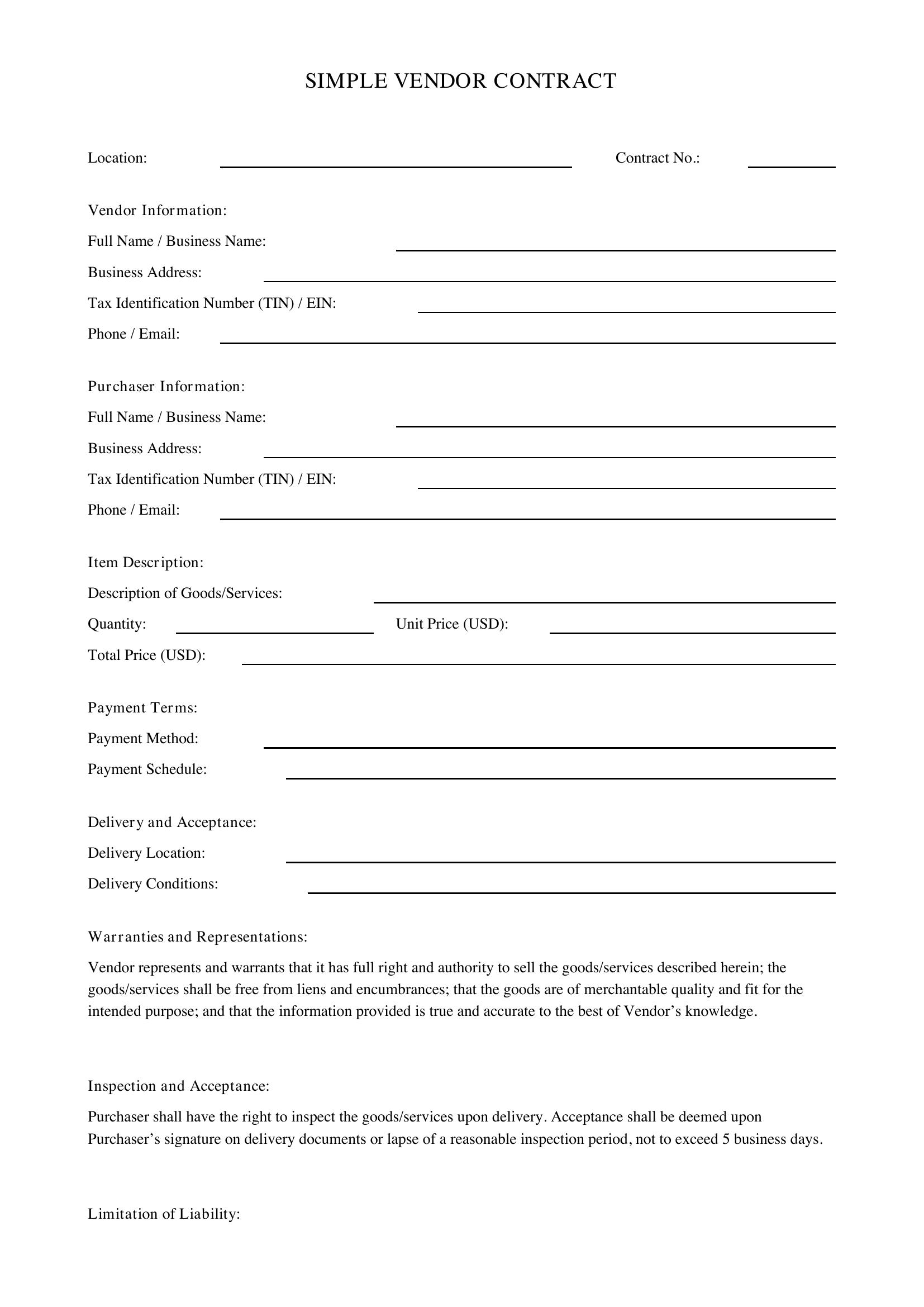 Simple Vendor Contract Template - US