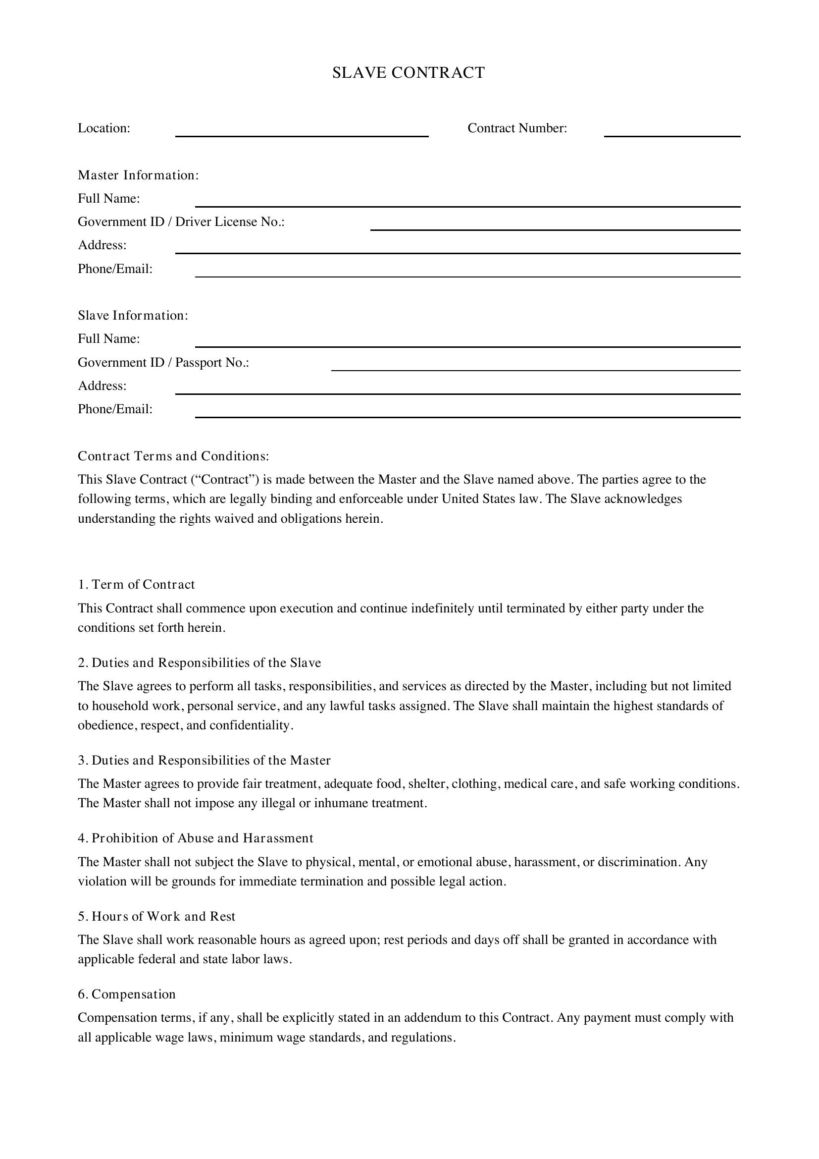 Slave Contract Template - US