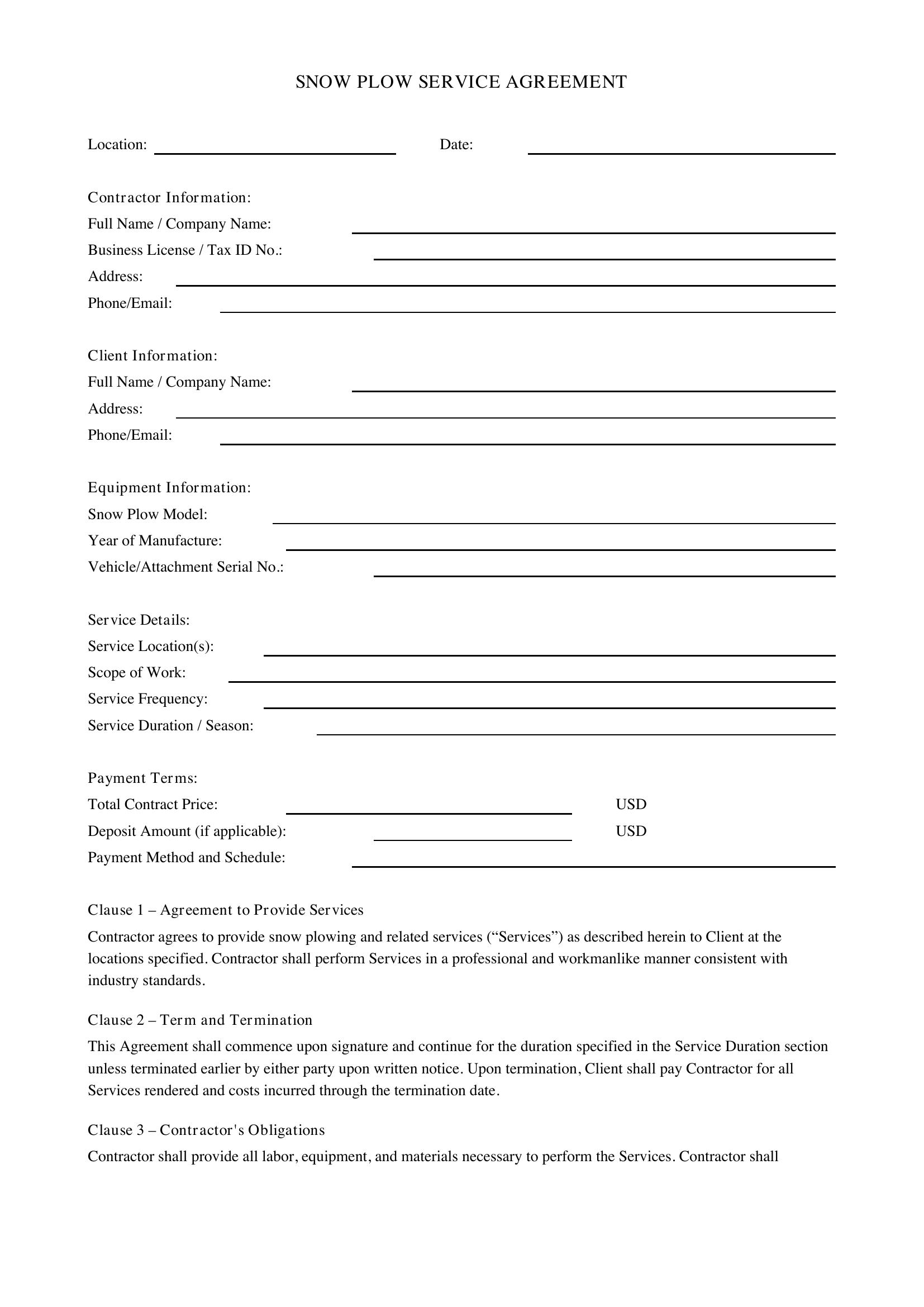 Snow Plow Contract Template - US