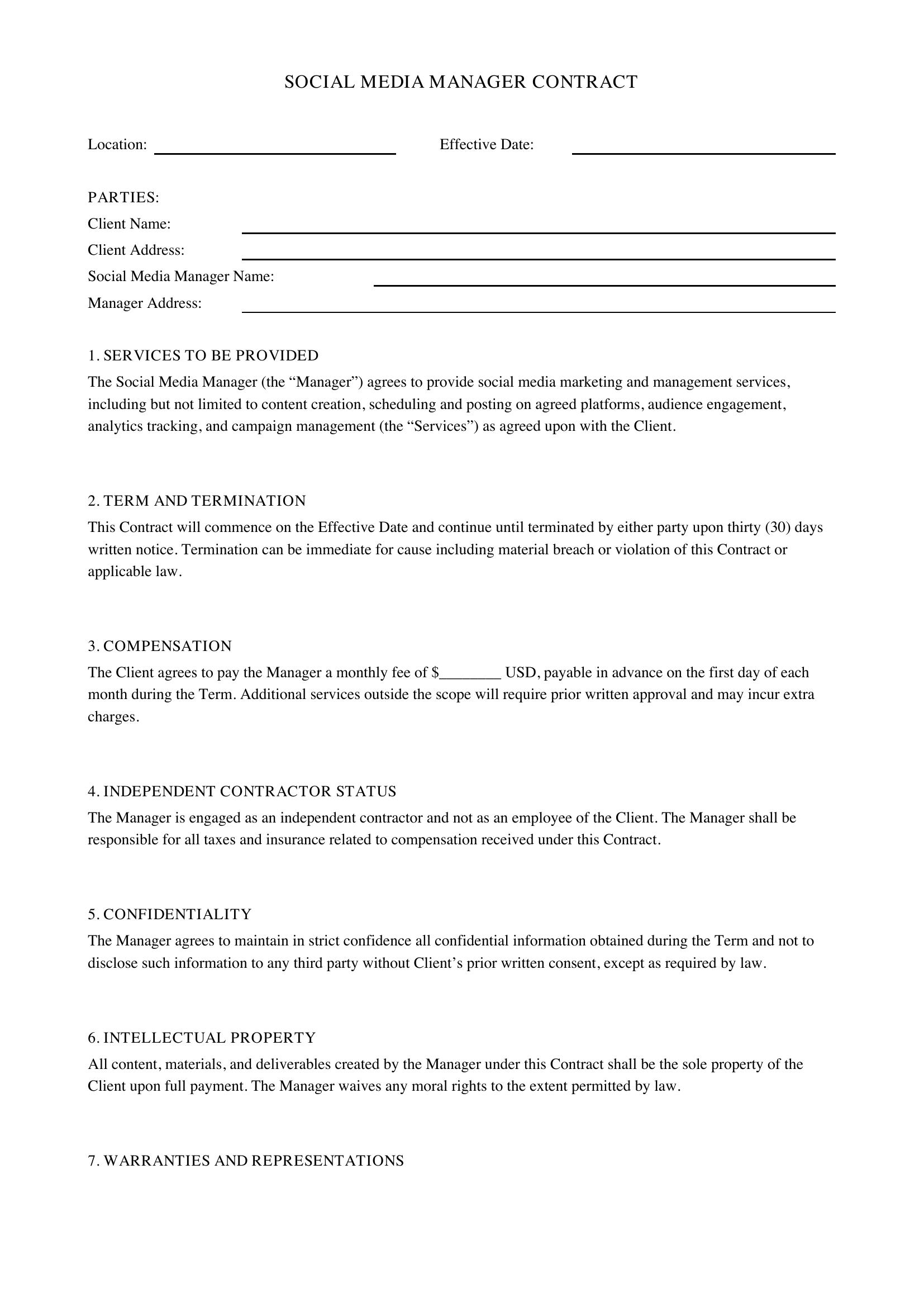Social Media Manager Contract Template - US