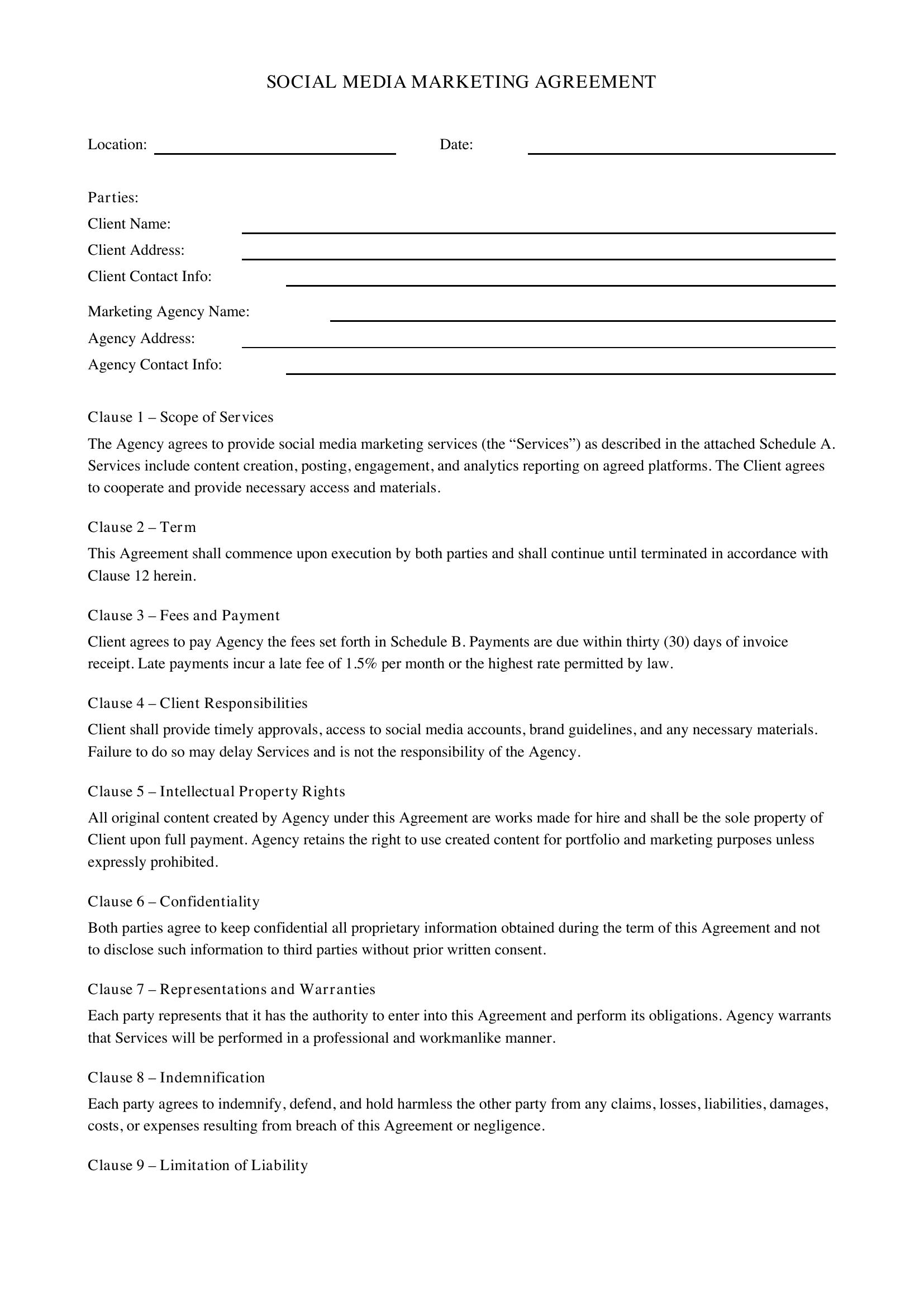 Social Media Marketing Contract Template - US