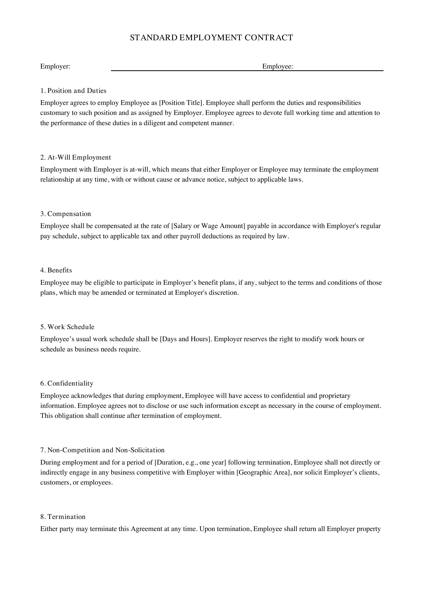 Standard Employment Contract Template - US