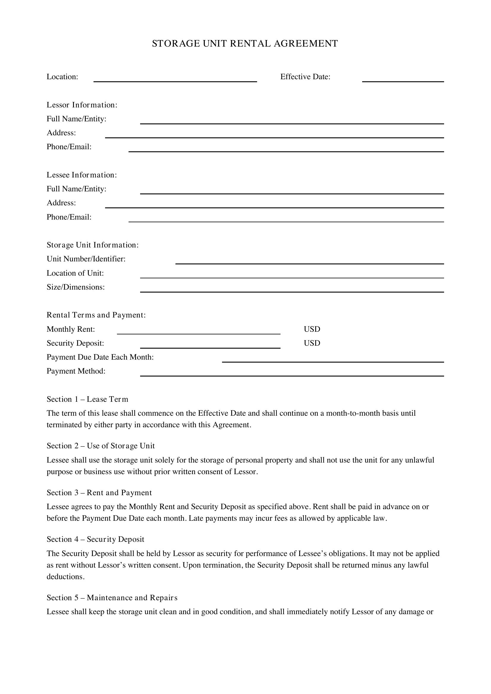 Storage Unit Contract Template - US