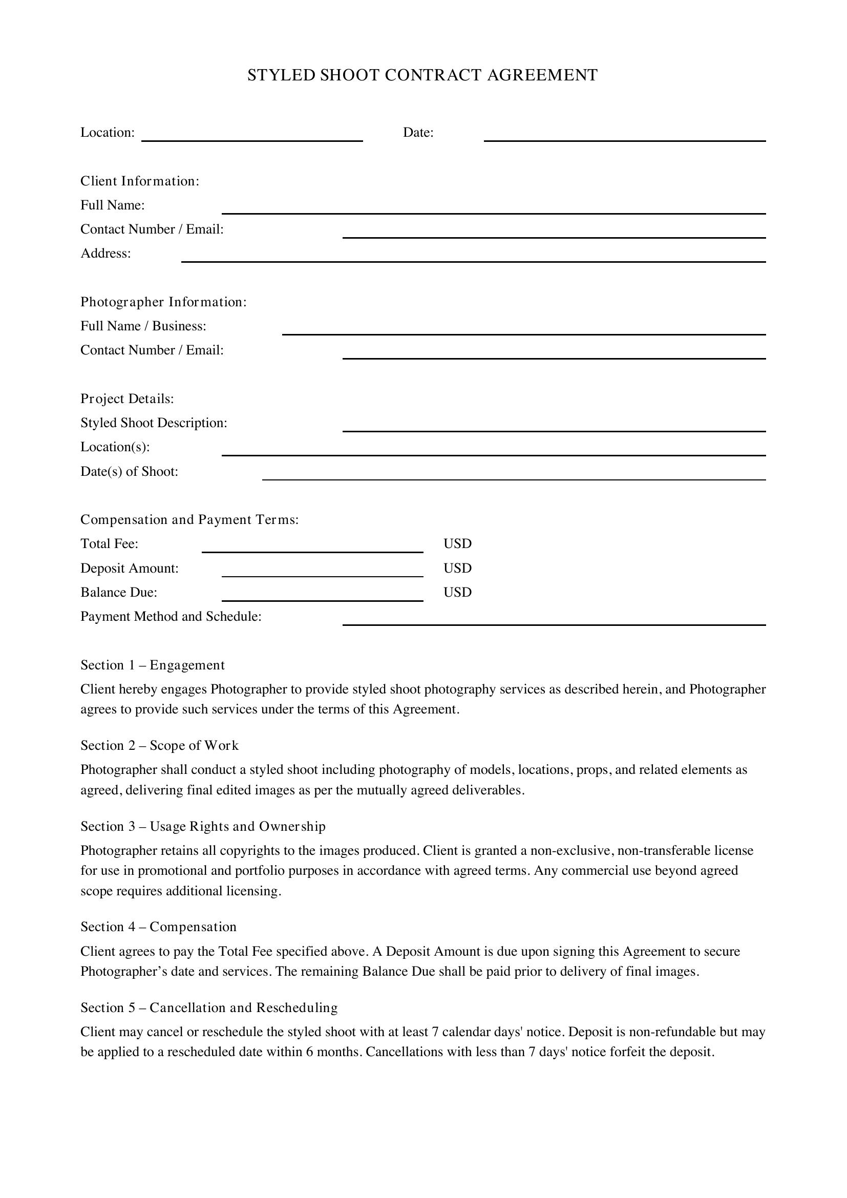 Styled Shoot Contract Template - US