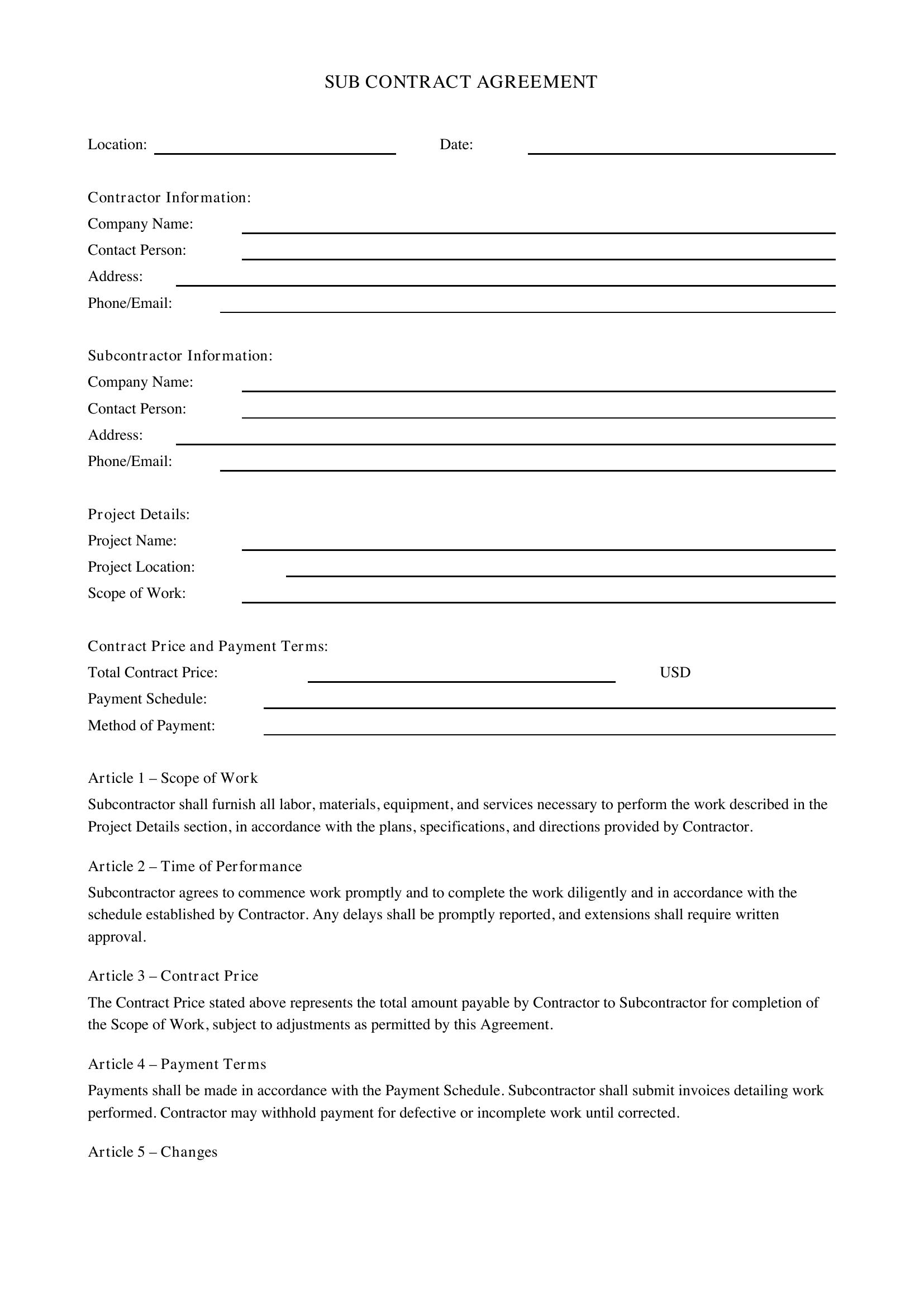 Sub Contract Template - US