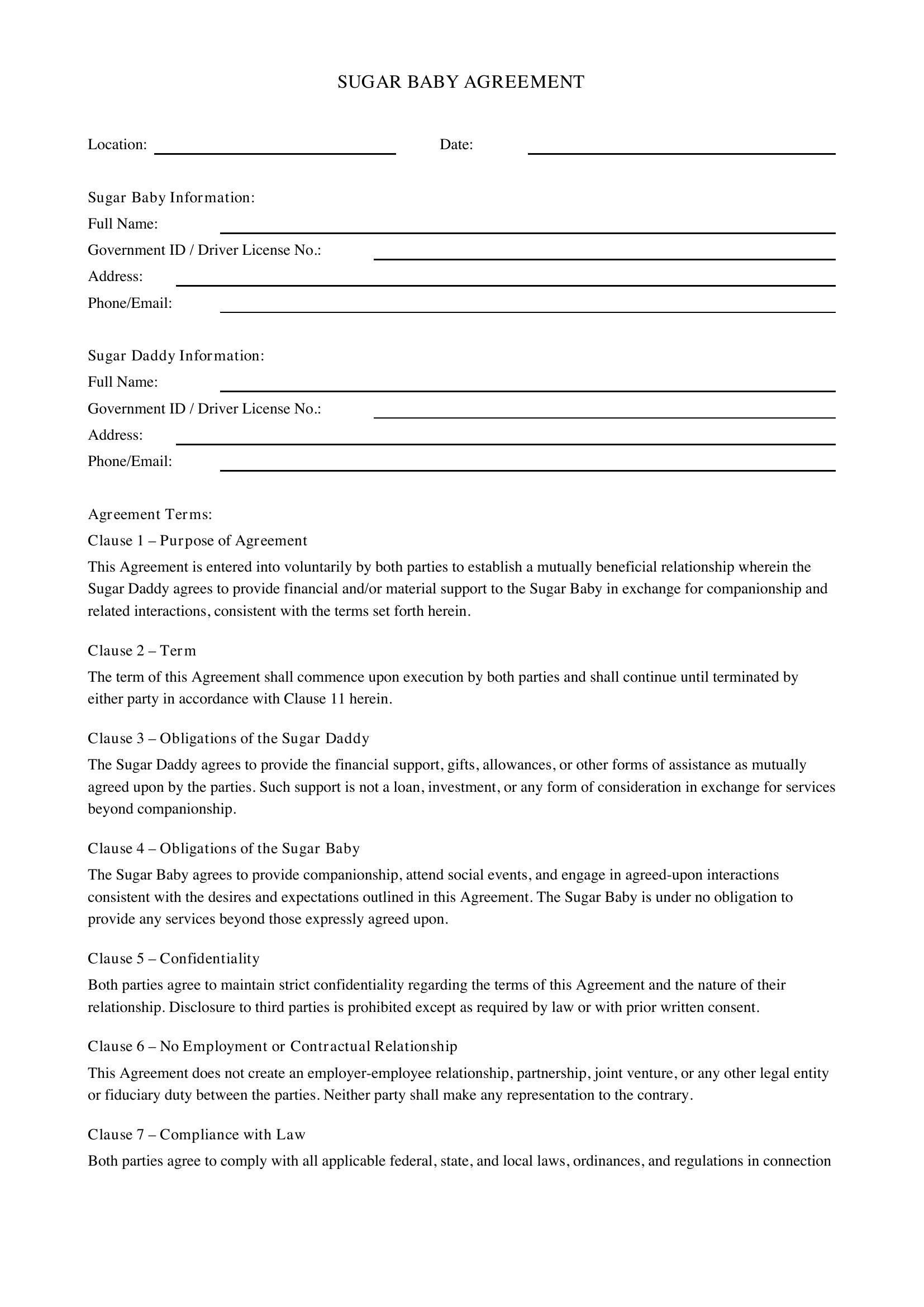 Sugar Baby Contract Template - US