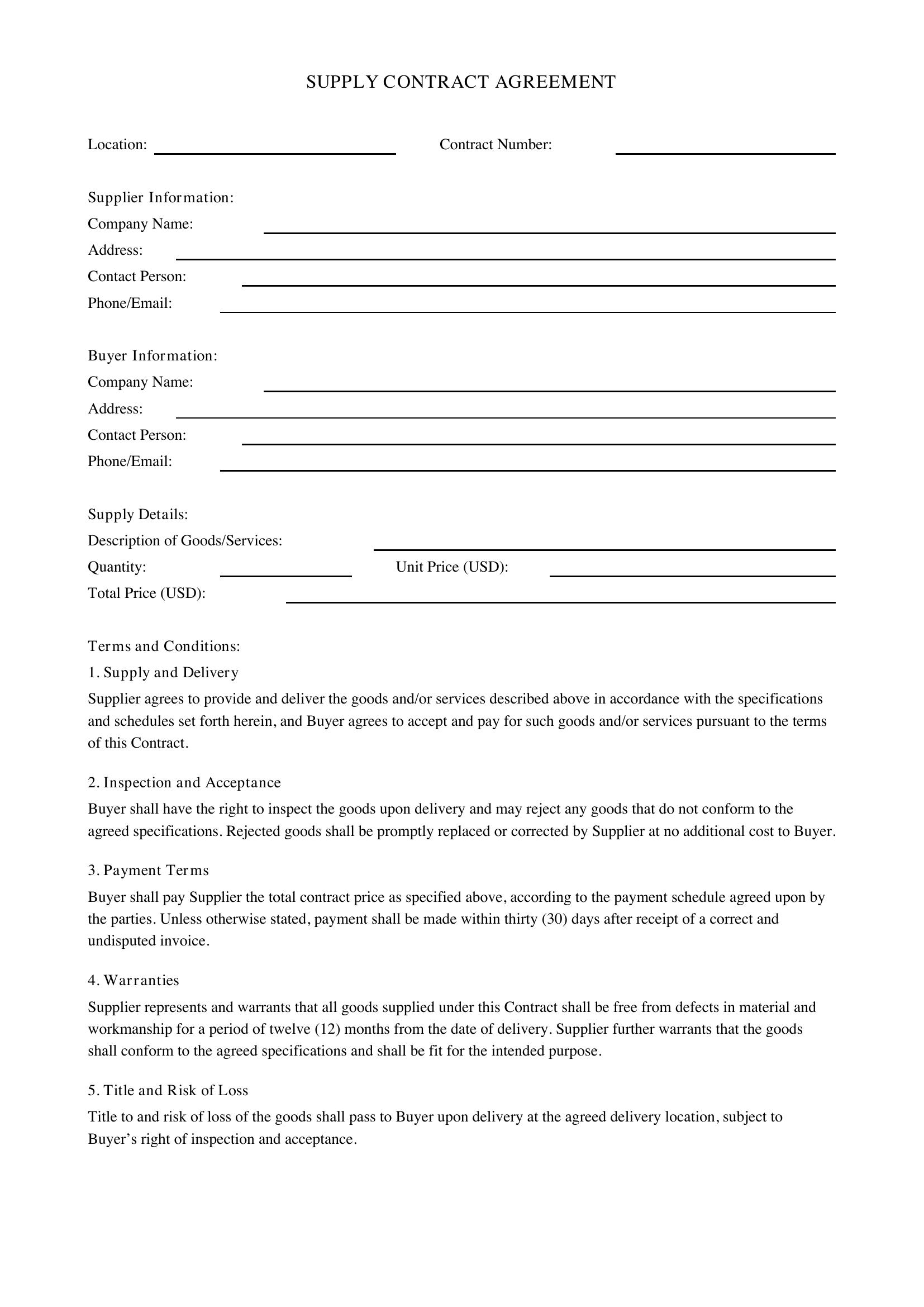 Supply Contract Template - US